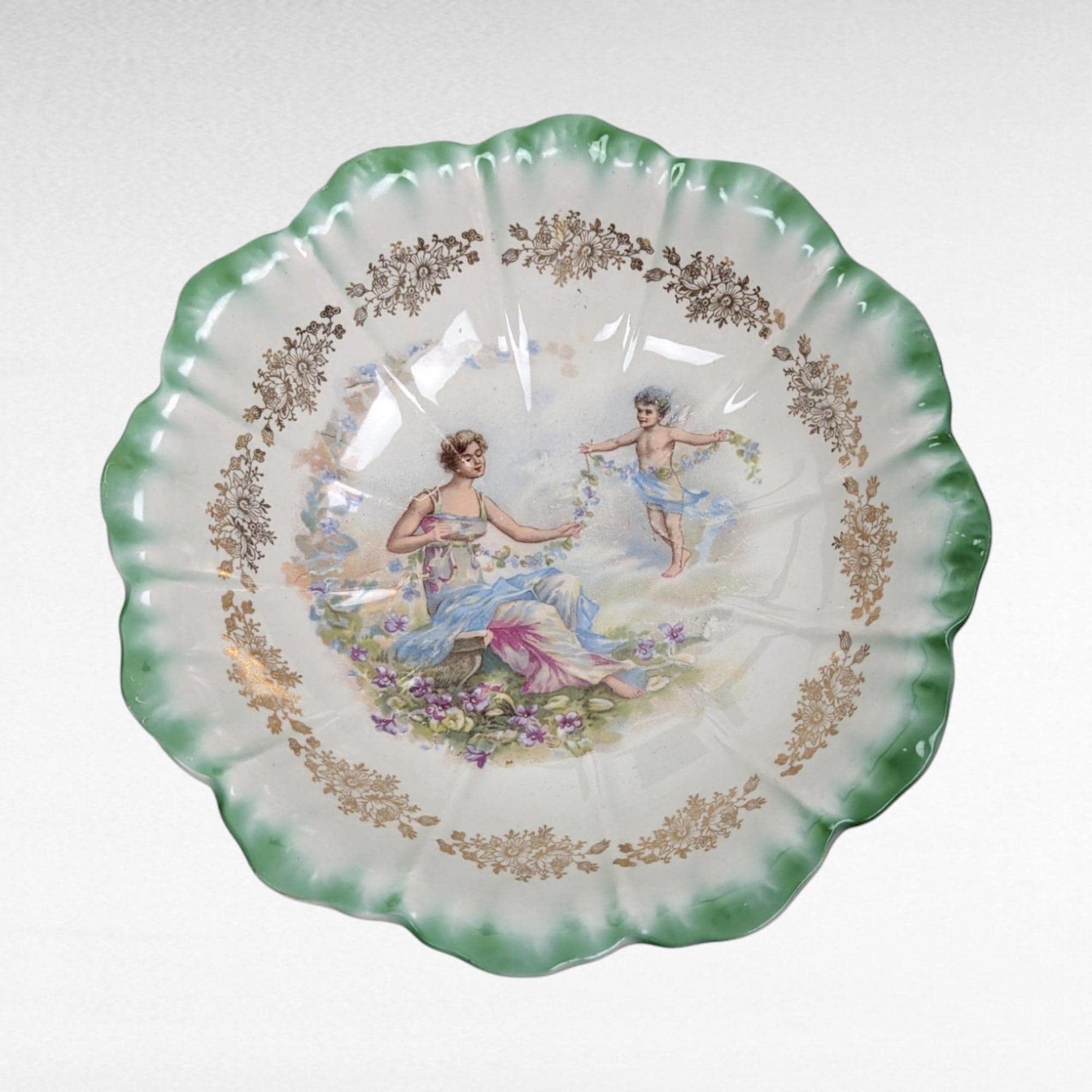 Vintage Dresden (Laurel Leaf Mark) Porcelain Bowl, Woman with Angel Motif, Green & Gold Trim, 9.25 Inches