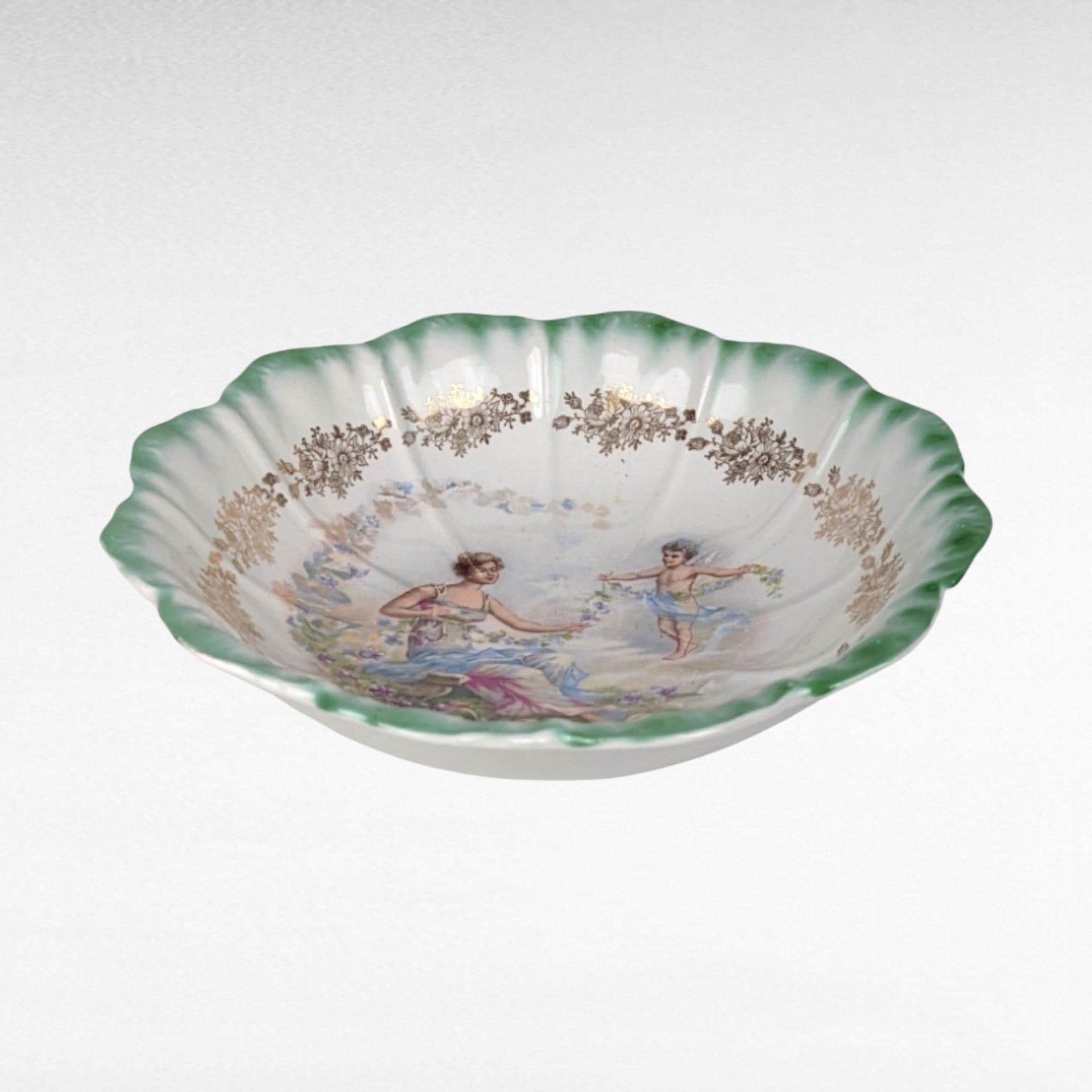 Vintage Dresden (Laurel Leaf Mark) Porcelain Bowl, Woman with Angel Motif, Green & Gold Trim, 9.25 Inches