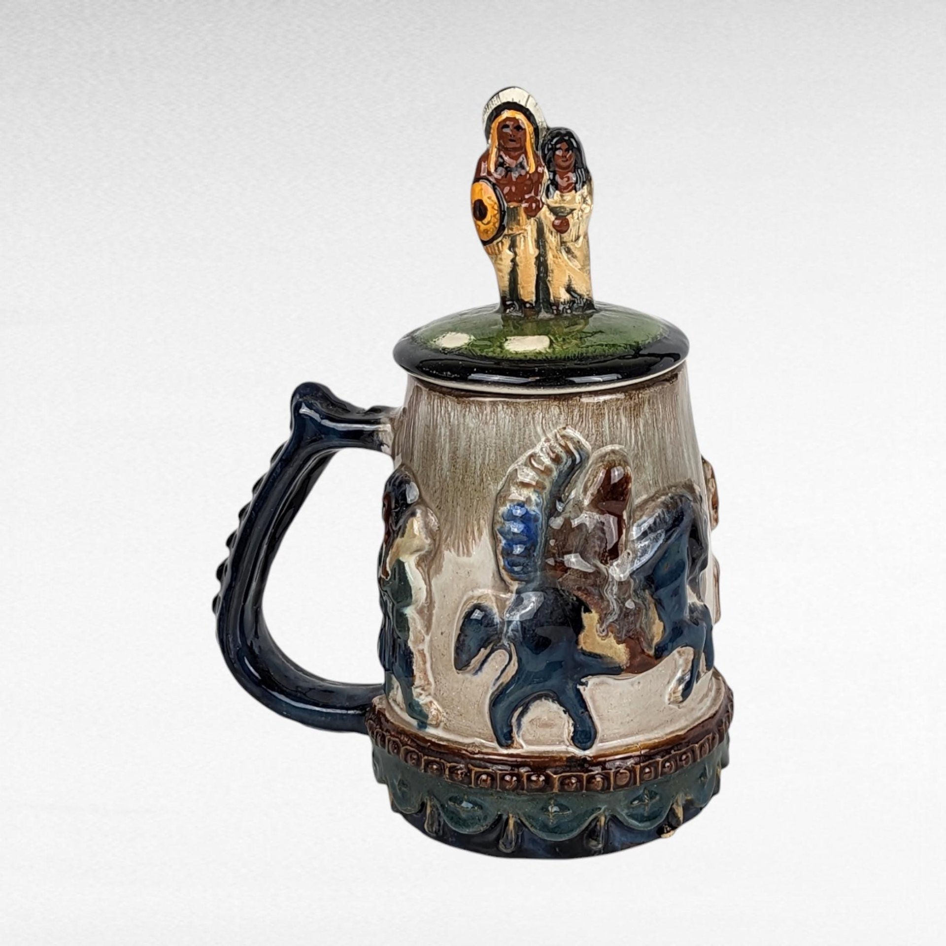 Vintage Stoneware Lidded Stein, Native American Horse Riders, Figural Lid, 9 Inches