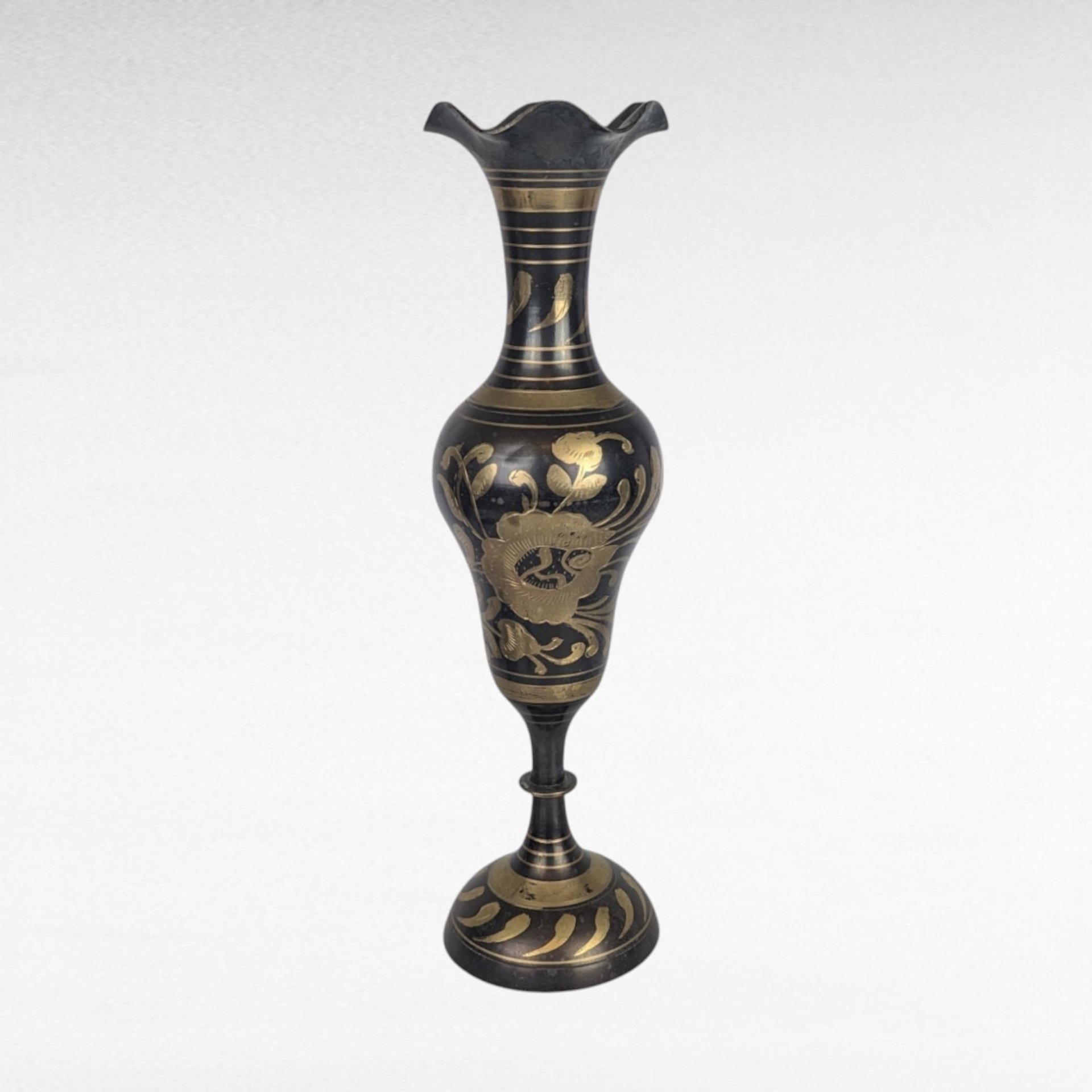 Vintage Brass Vases from India, Black and Gold, Floral Etched, 11 3/4" Tall, Pair, Home Decor, Boho Chic