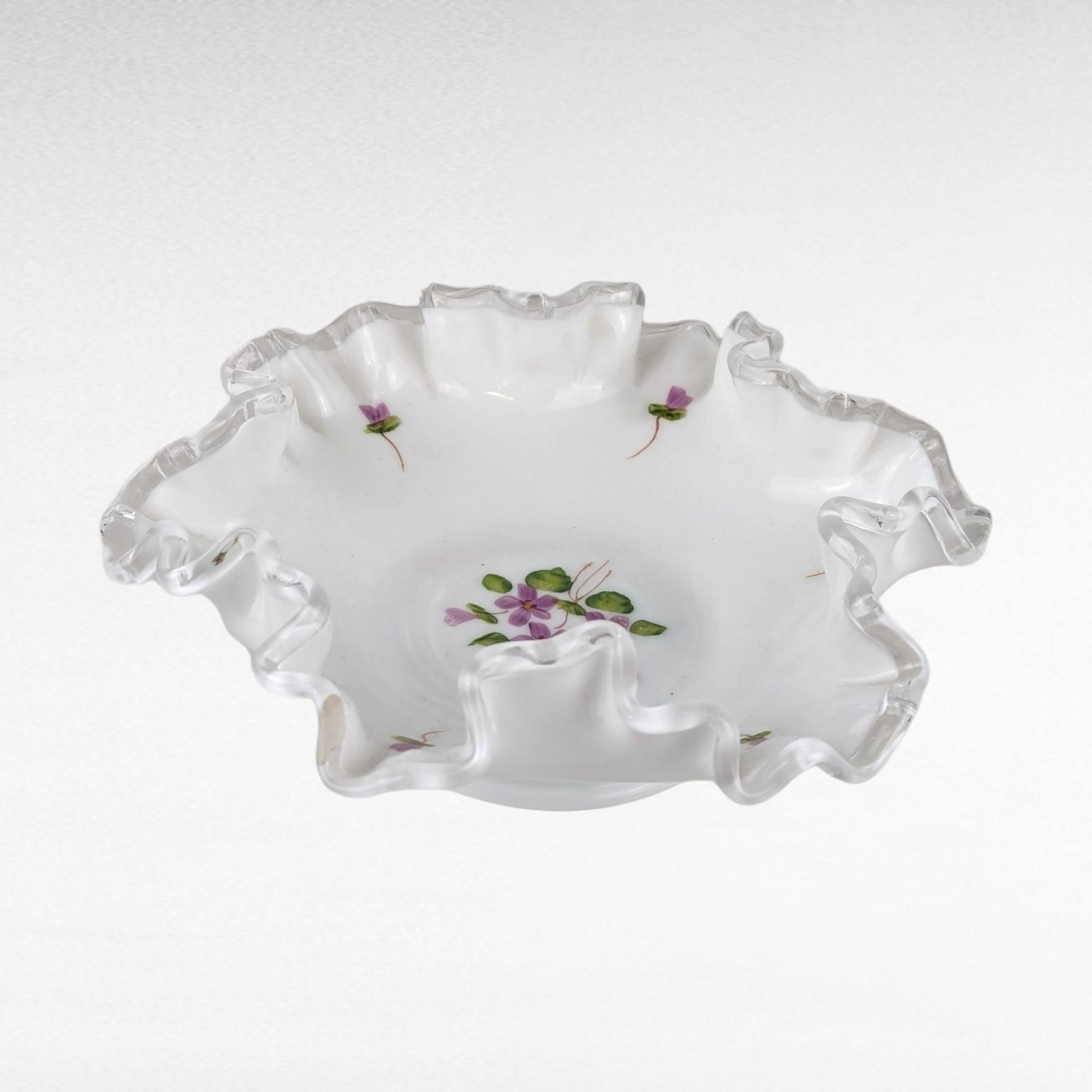 Vintage Fenton Violets in the Snow Milk Glass Dish | Ruffled Candy Dish | Trinket Dish | Collectible Glassware