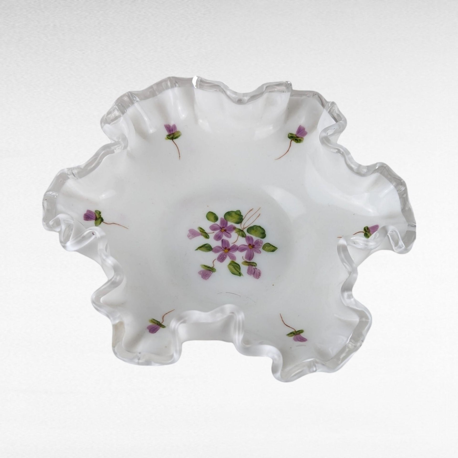 Vintage Fenton Violets in the Snow Milk Glass Dish | Ruffled Candy Dish | Trinket Dish | Collectible Glassware