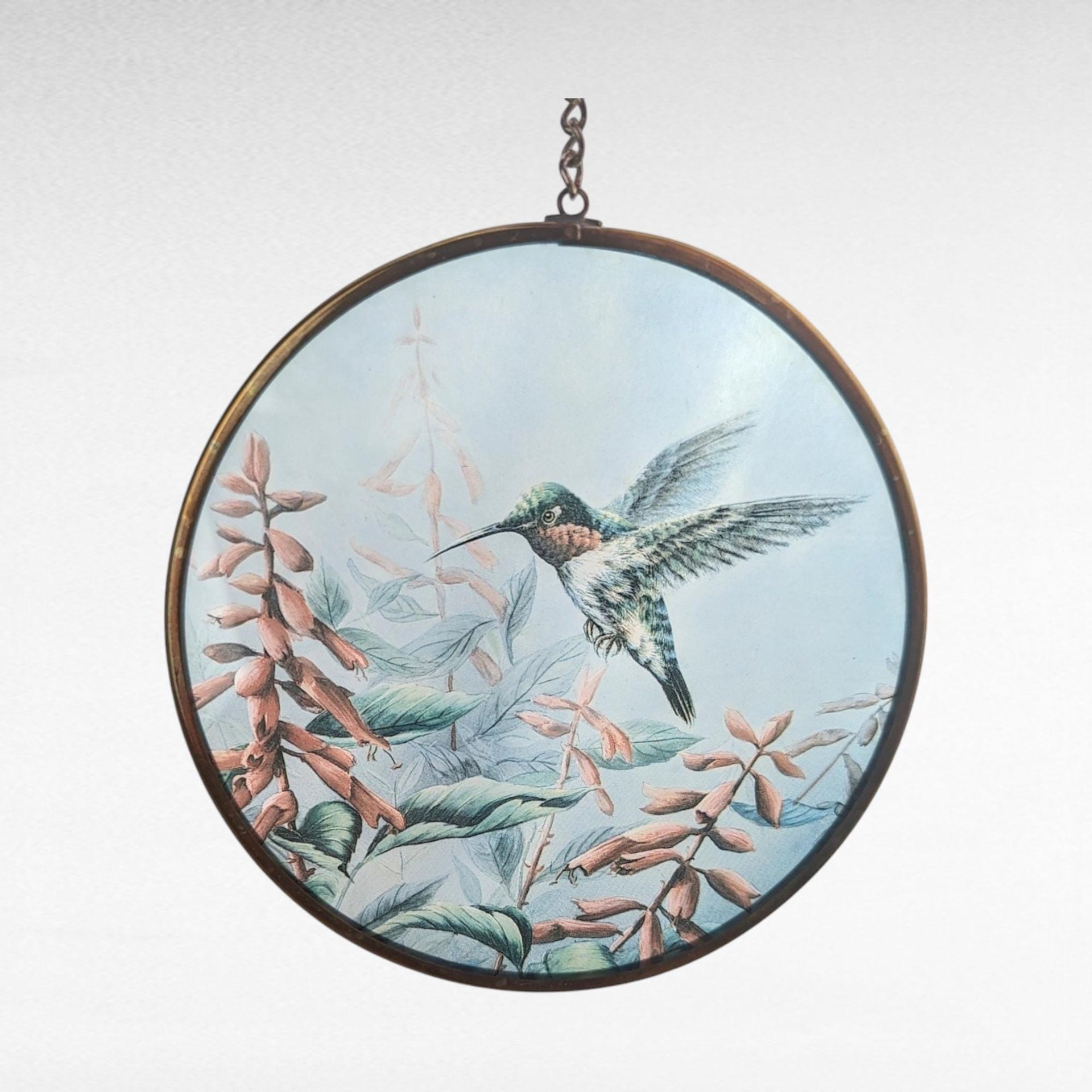 Vintage Glass Suncatcher with Hummingbird and Flowers | Nature Decor | Window Hanging | Bird Lover Gift | Home Decor