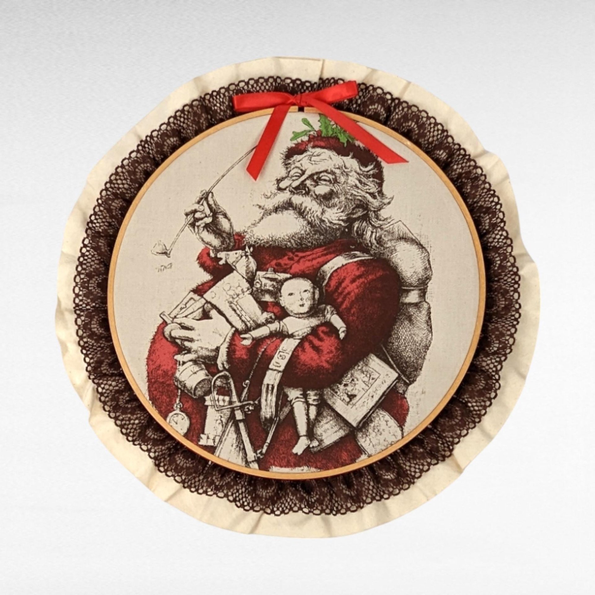 Vintage Christmas Decorations | Plastic Stained Glass Ornaments, Thomas Nast Santa Fabric Print | Wall Hanging Decor Lot