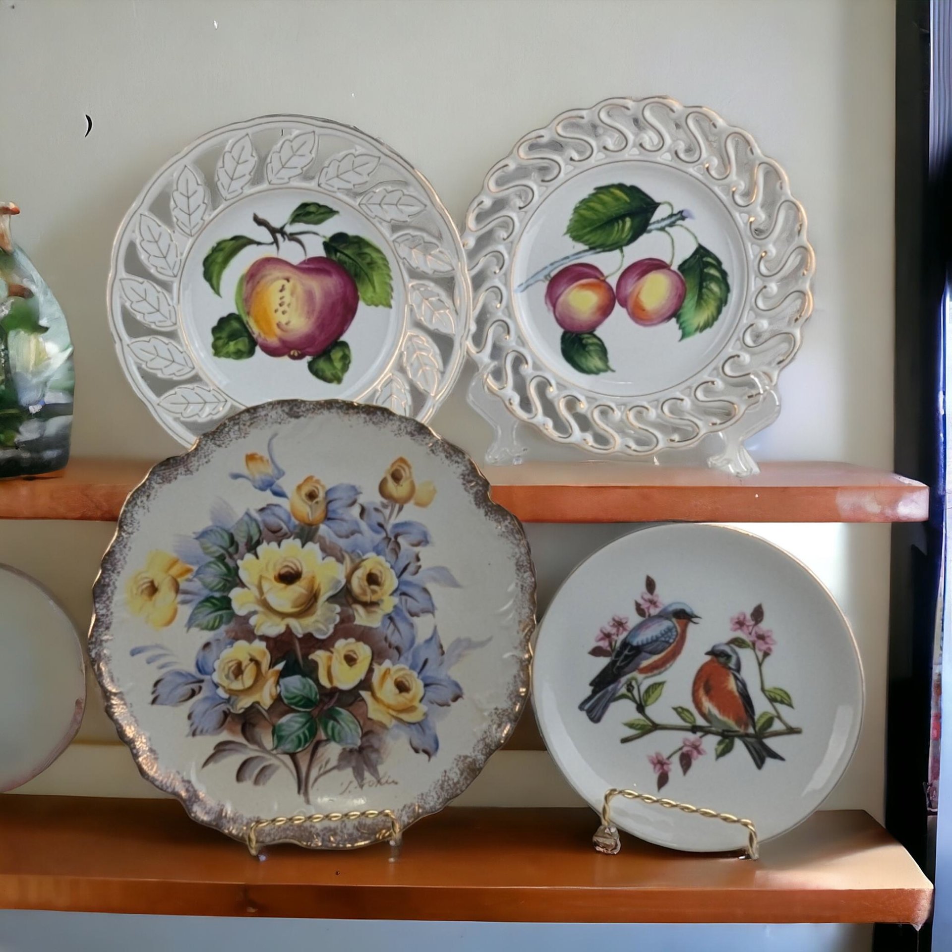 Vintage Decorative Plate Collection | Reticulated Fruit Plates, Bluebird Plate, Floral Plate with Gilded Edge | Wall Decor