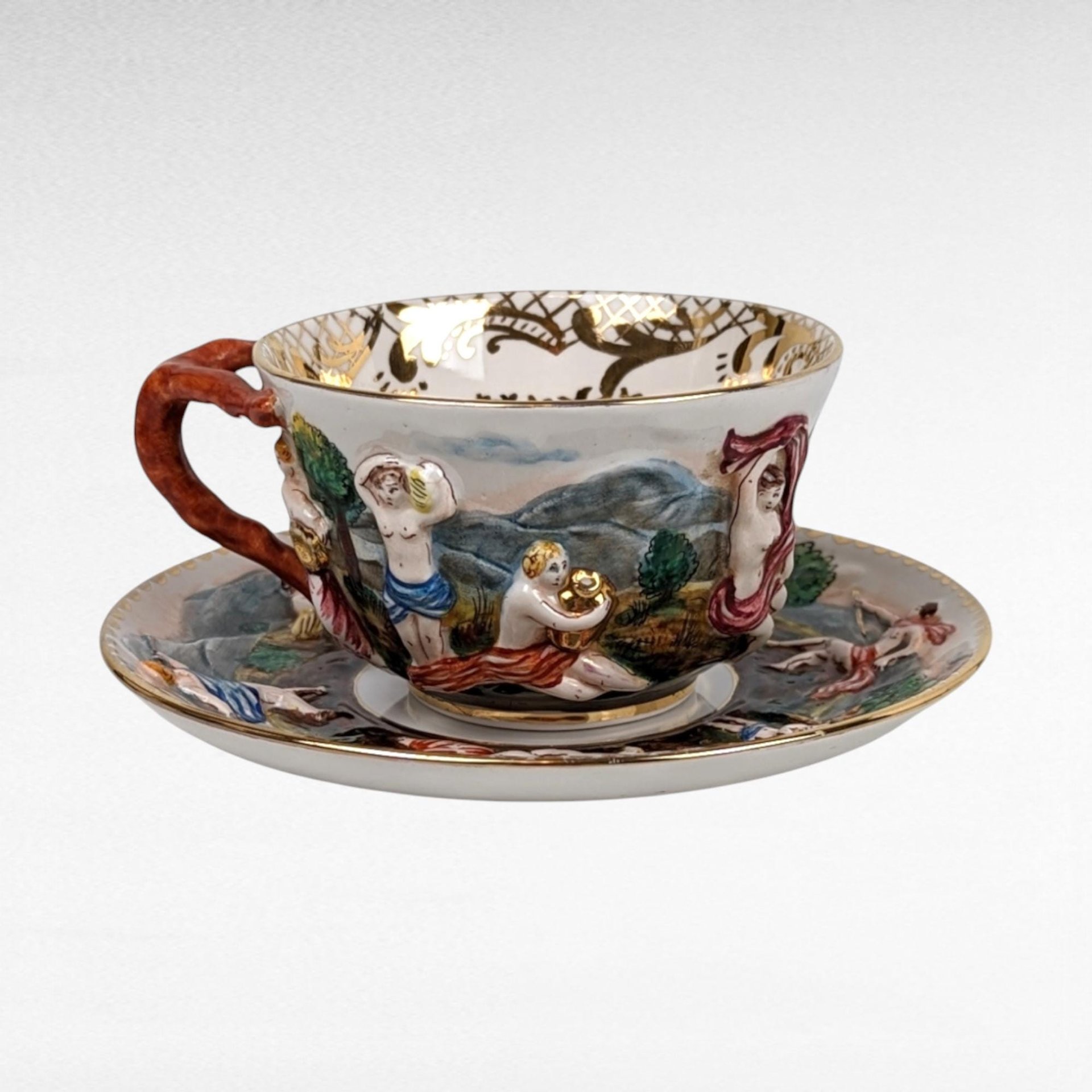 Vintage Italian Capodimonte Cup and Saucer Set with Embossed Trinket Dish | Hand-Painted Porcelain | Collectible Italian Ceramics
