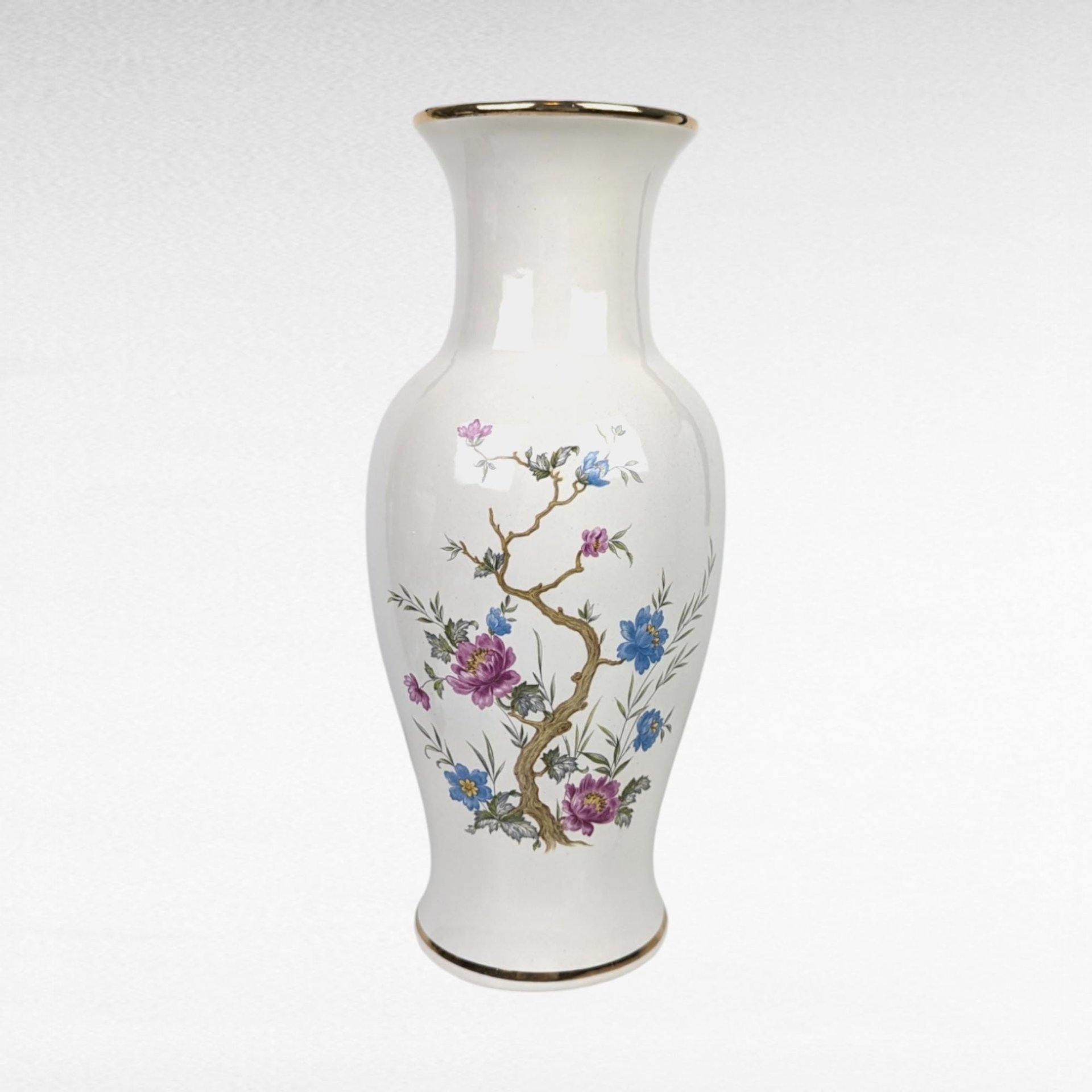 Vintage Royal Haeger Vase | White with Gold Trim and Floral Design | 10 Inches Tall | Mid-Century Modern Home Decor