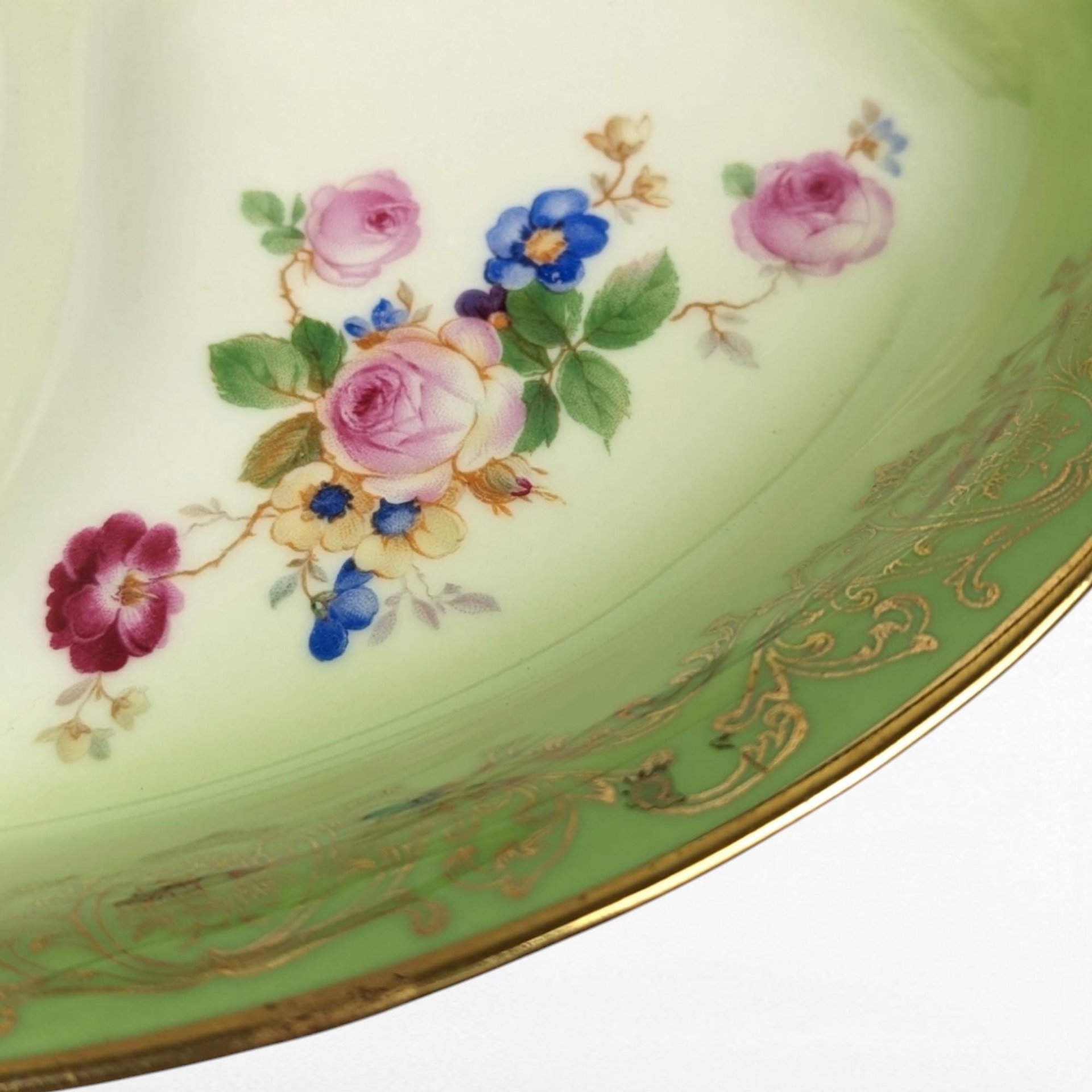Vintage Tirschenreuth Bavaria Serving Tray | 4-Part Divided Dish | Green with Gold and Floral Décor | 10 3/4 Inch