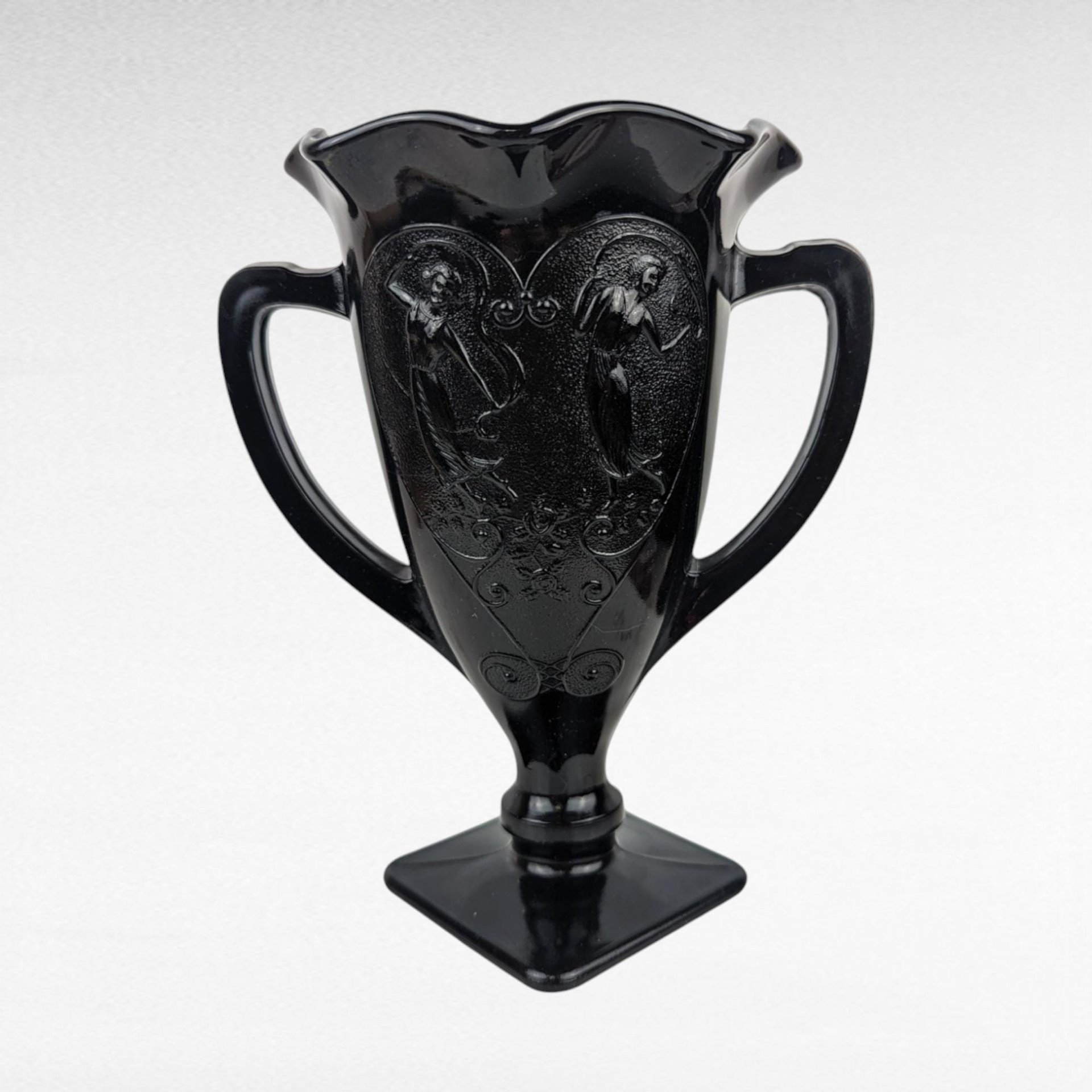 Vintage Black Amethyst Trophy Vase | Dancing Nymphs Vase | Art Deco Glassware | L.E. Smith Glass | Unique Home Decor