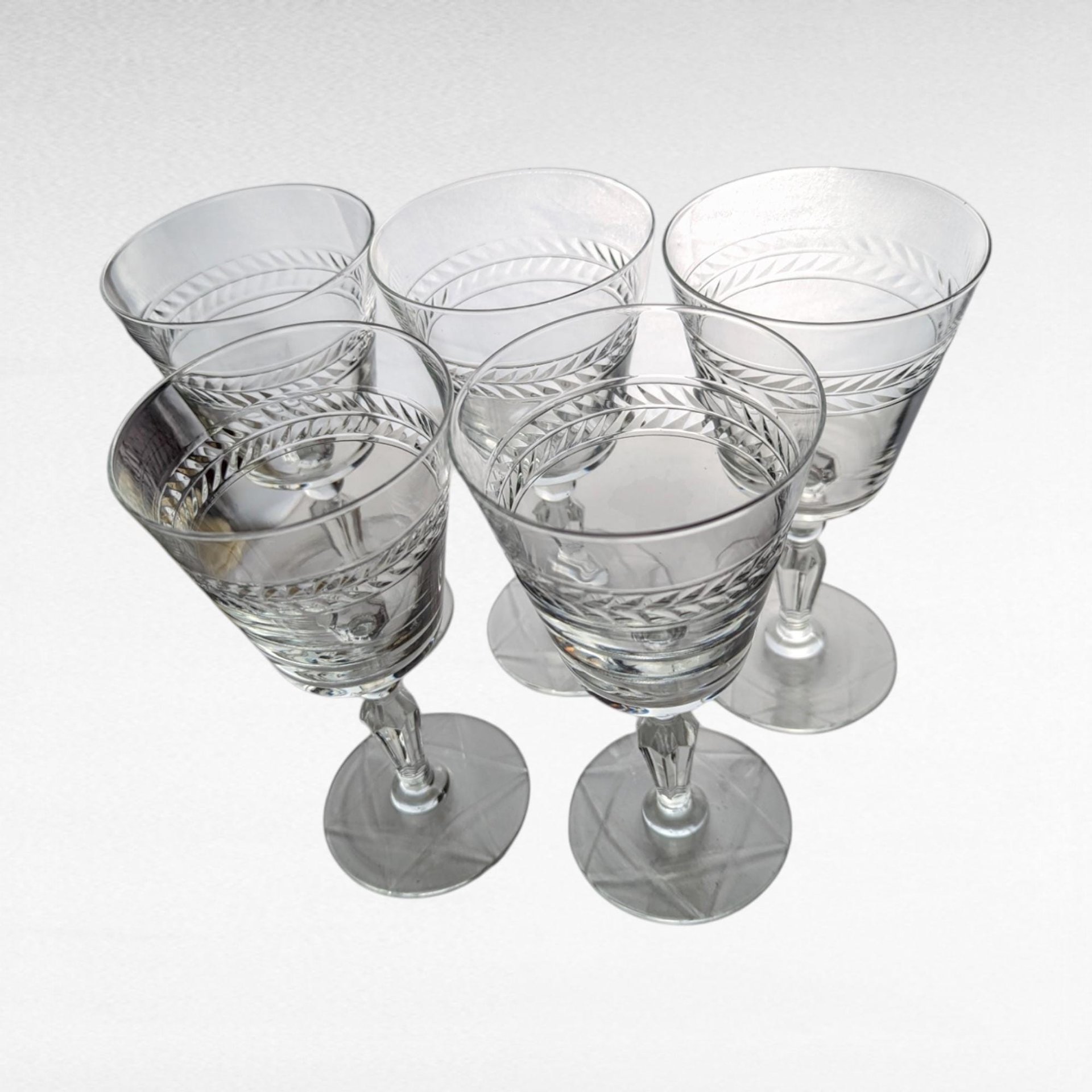 Vintage Rock Sharpe Jefferson Water Glasses, Set of 5, 7" Tall, Clear Etched Glassware, Mid-Century Modern Barware, Retro Drinking Glasses