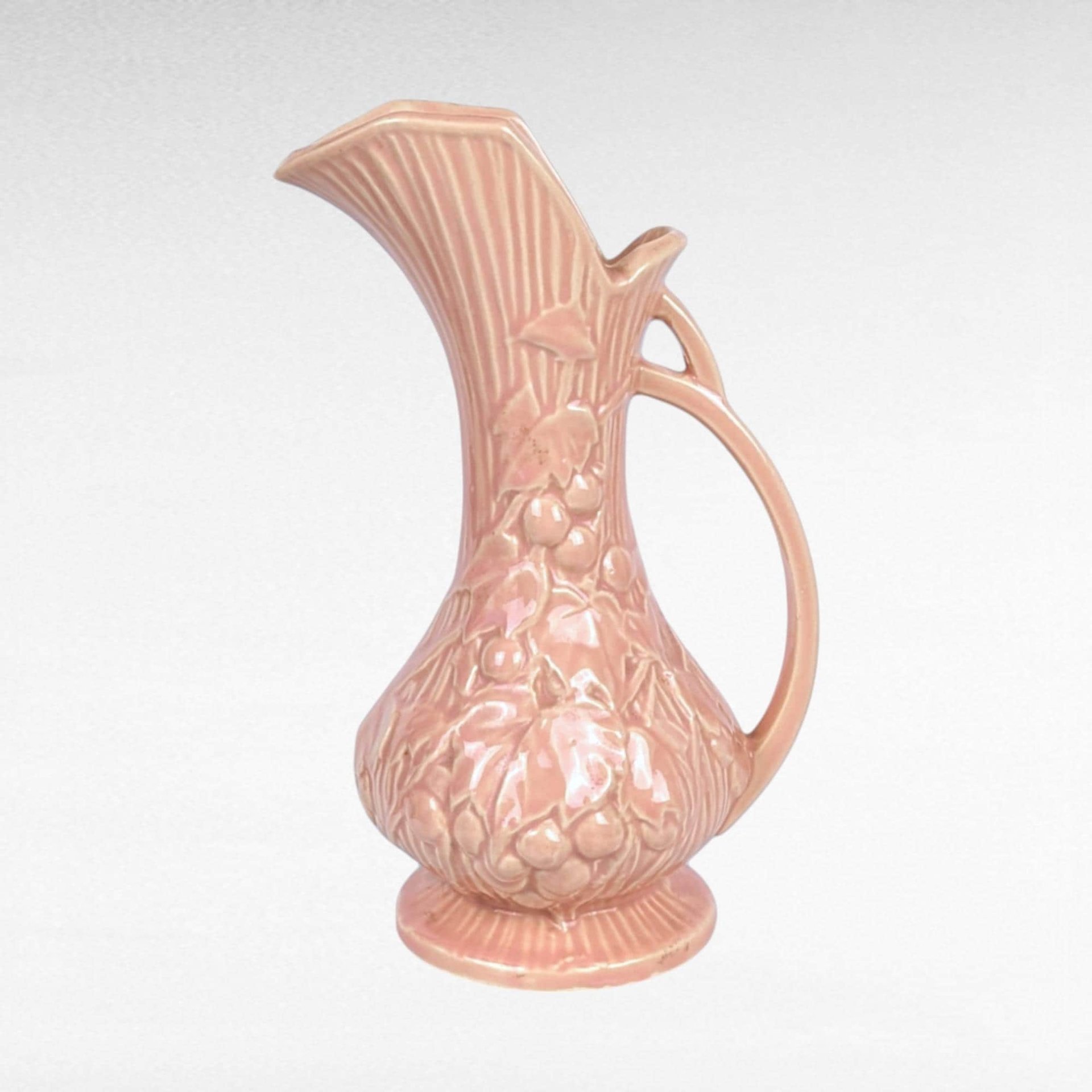 Vintage McCoy Pink Pitcher, Grape Design, 9 Inches Tall, Ceramic Vase, Mid-Century Modern, Retro Home Decor