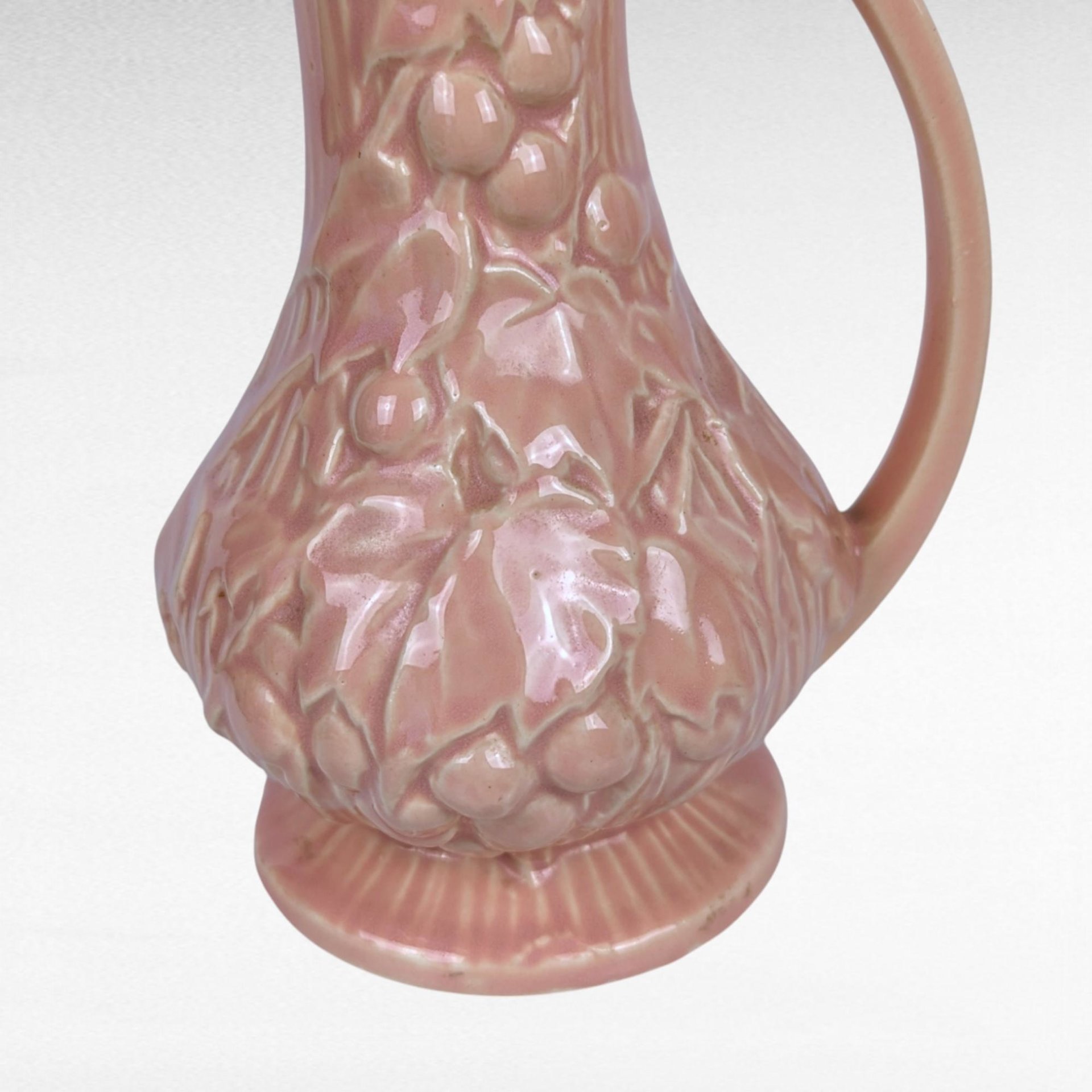 Vintage McCoy Pink Pitcher, Grape Design, 9 Inches Tall, Ceramic Vase, Mid-Century Modern, Retro Home Decor