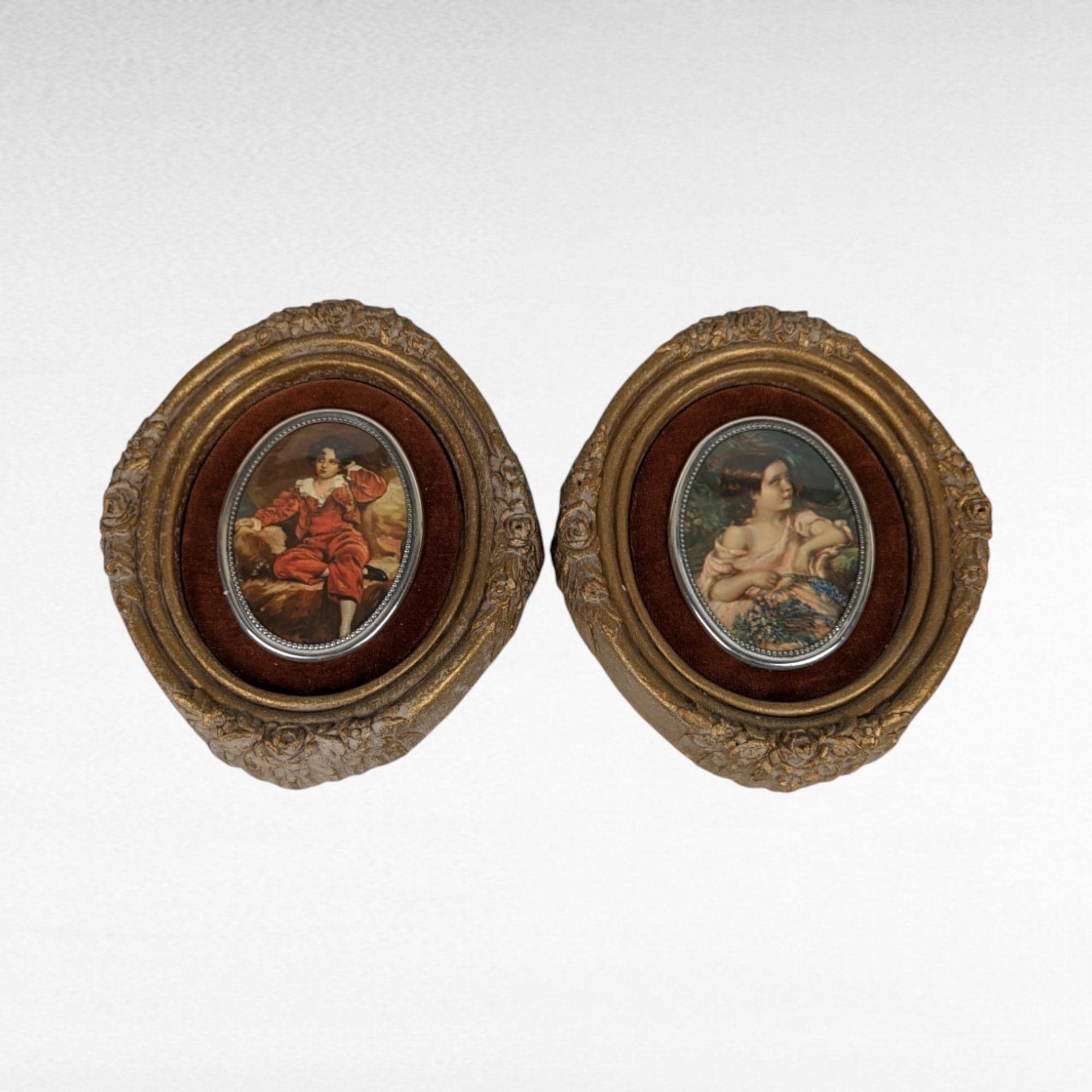 Vintage Cameo Creations Wall Decor | Sir Thomas Lawrence | John Thomas Peele | "Red Boy" & "Spring Flowers" | Oval Prints | 5.75 Inch