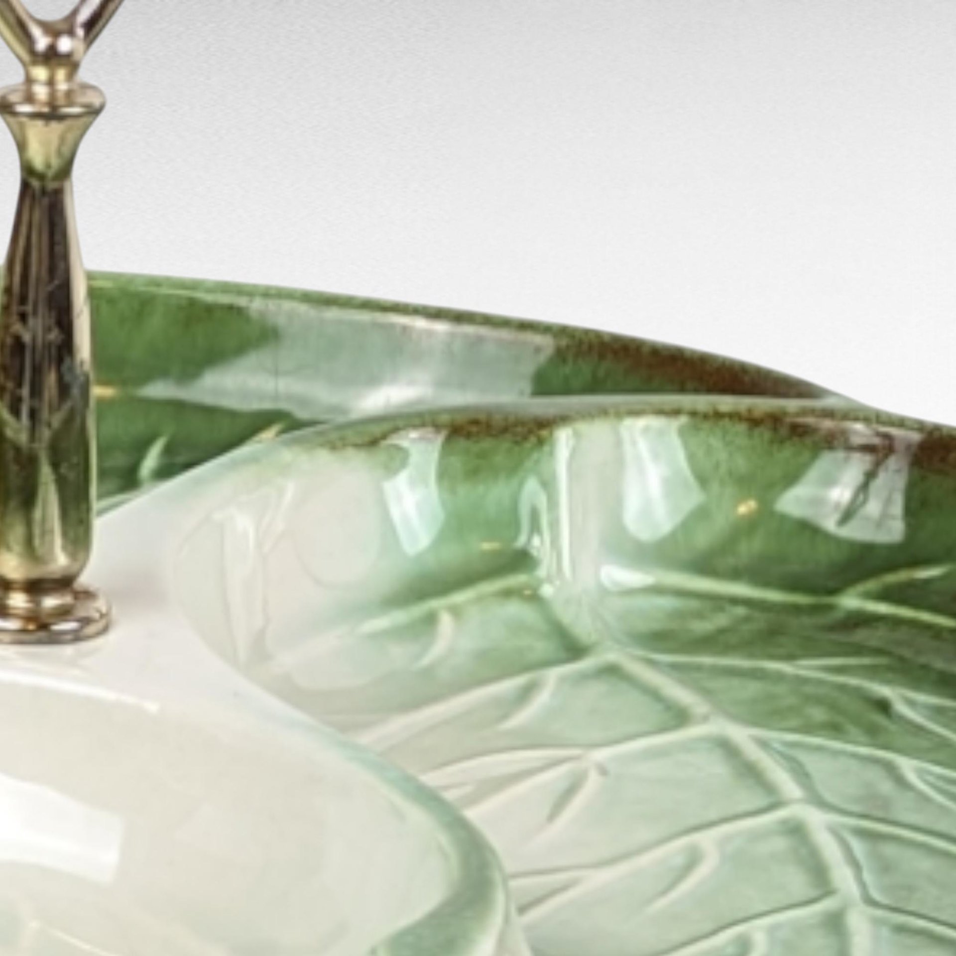 Vintage Royal Haeger Leaf Serving Tray | 3-Section Divided Dish | Green Ceramic with Gold Handle | Mid-Century Modern | 12.25 Inches