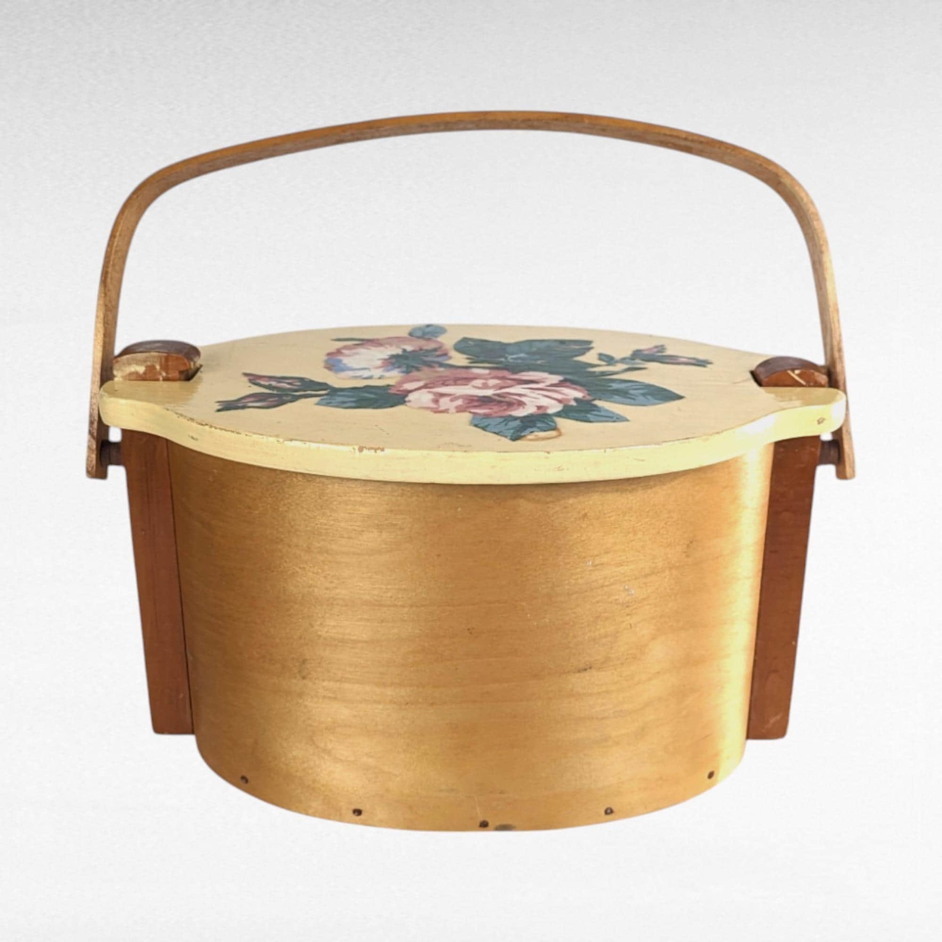 Vintage Putney Basketville Floral Basket | Hand-Painted Wooden Basket with Lid | Sewing Basket | Storage Basket | Cottagecore Decor