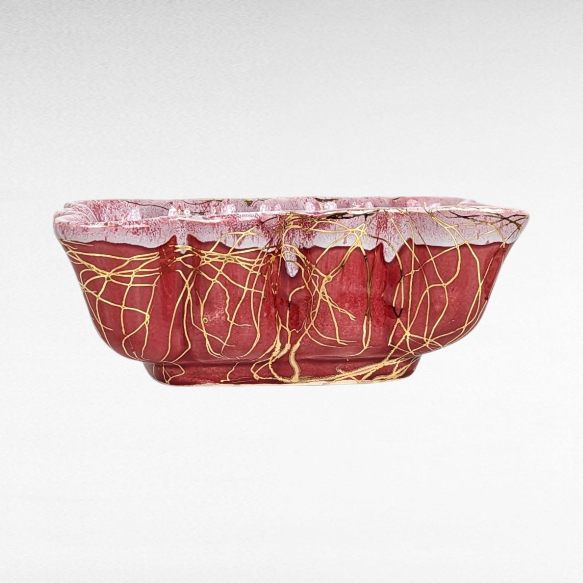 Vintage Maroon & Gold Planter, USA Pottery, Rectangular Flower Pot, Art Deco Style, Succulent Planter, Unique Home Decor