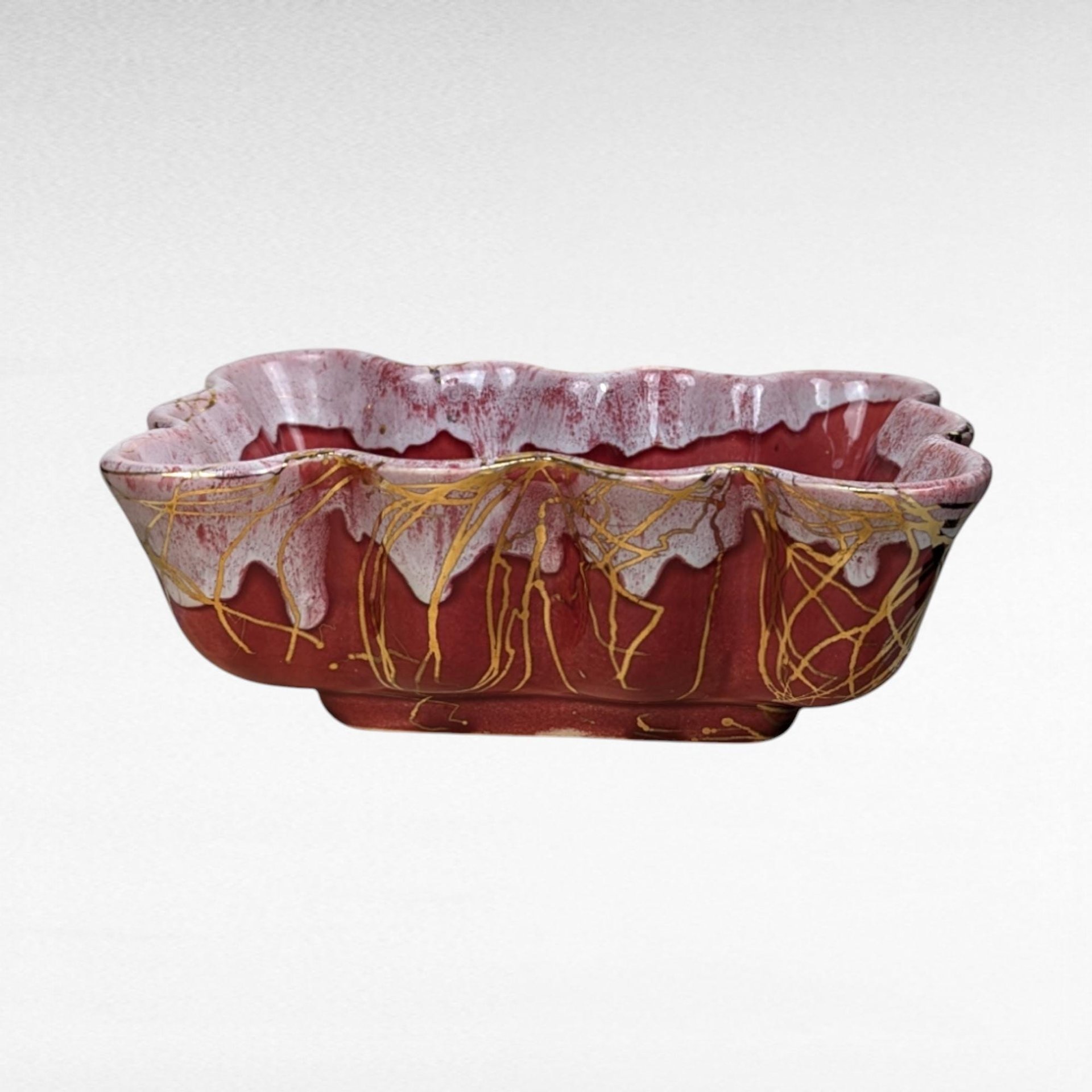 Vintage Maroon & Gold Planter, USA Pottery, Rectangular Flower Pot, Art Deco Style, Succulent Planter, Unique Home Decor