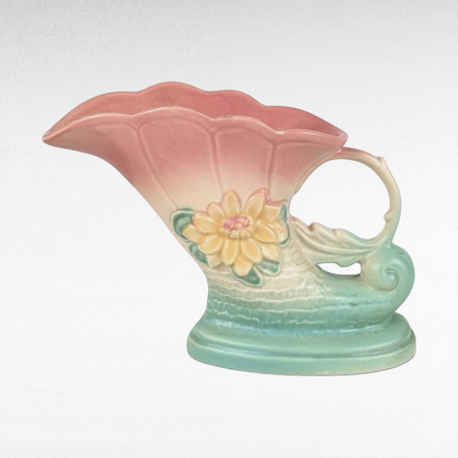 Vintage Hull Pottery Cornucopia Vase, Waterlily Design, Pink and Turquoise Vase, Art Deco Vase, Mid-Century Modern, 1940s, 6.5 Inches