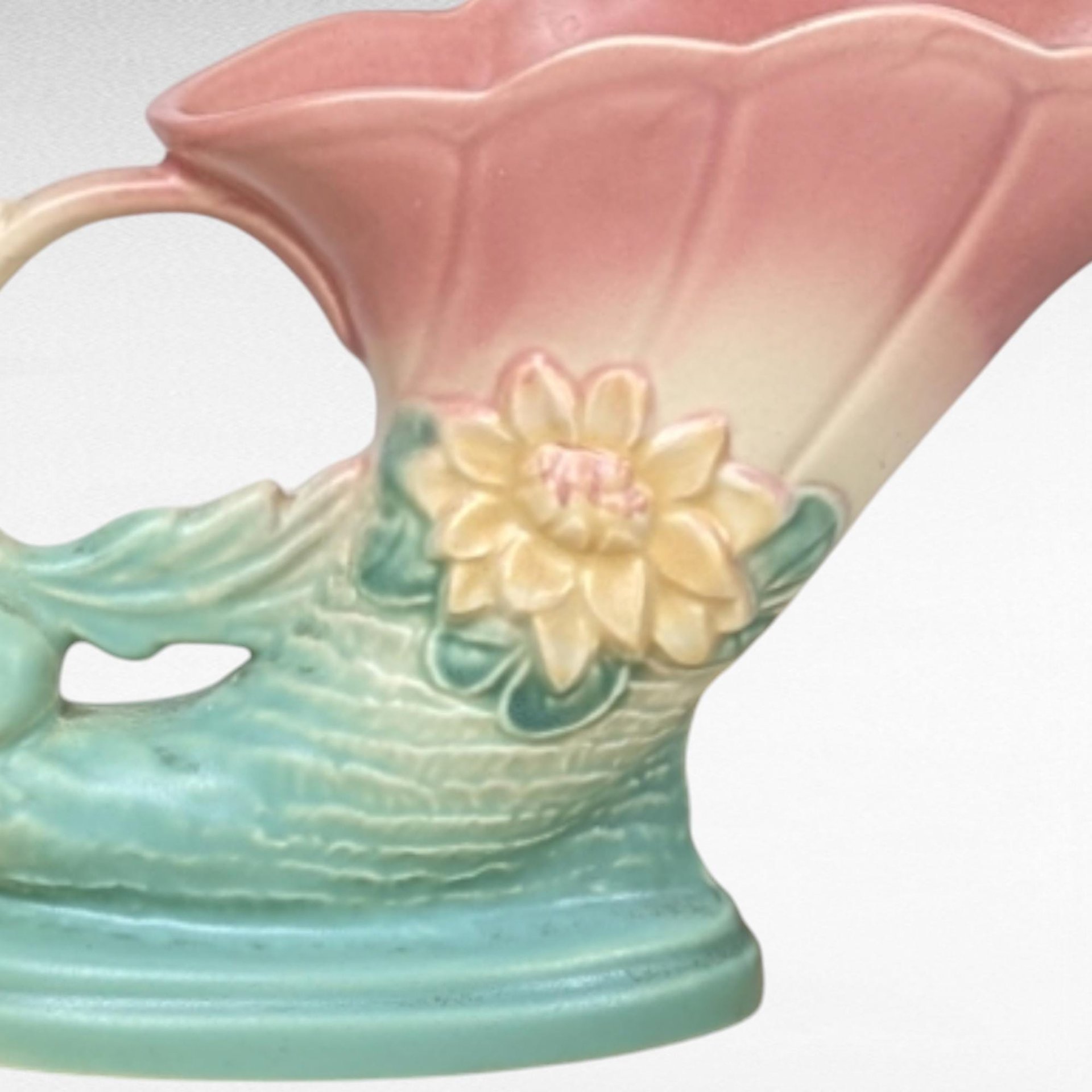 Vintage Hull Pottery Cornucopia Vase, Waterlily Design, Pink and Turquoise Vase, Art Deco Vase, Mid-Century Modern, 1940s, 6.5 Inches