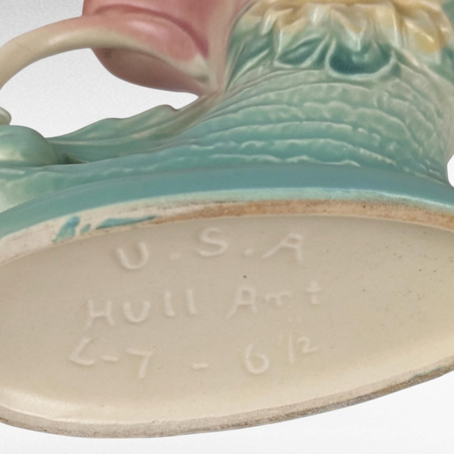 Vintage Hull Pottery Cornucopia Vase, Waterlily Design, Pink and Turquoise Vase, Art Deco Vase, Mid-Century Modern, 1940s, 6.5 Inches