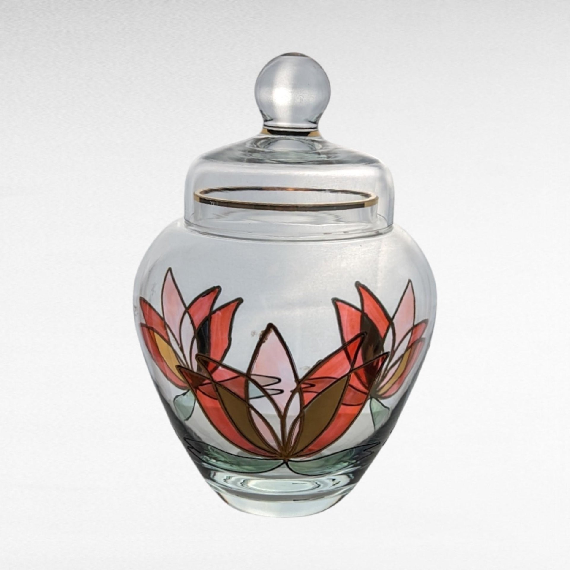 Lotus Art Glass Jar, Lidded Glass Jar, Hand-Painted Glass Jar, Floral Glass Jar, Vintage Glassware, Home Decor
