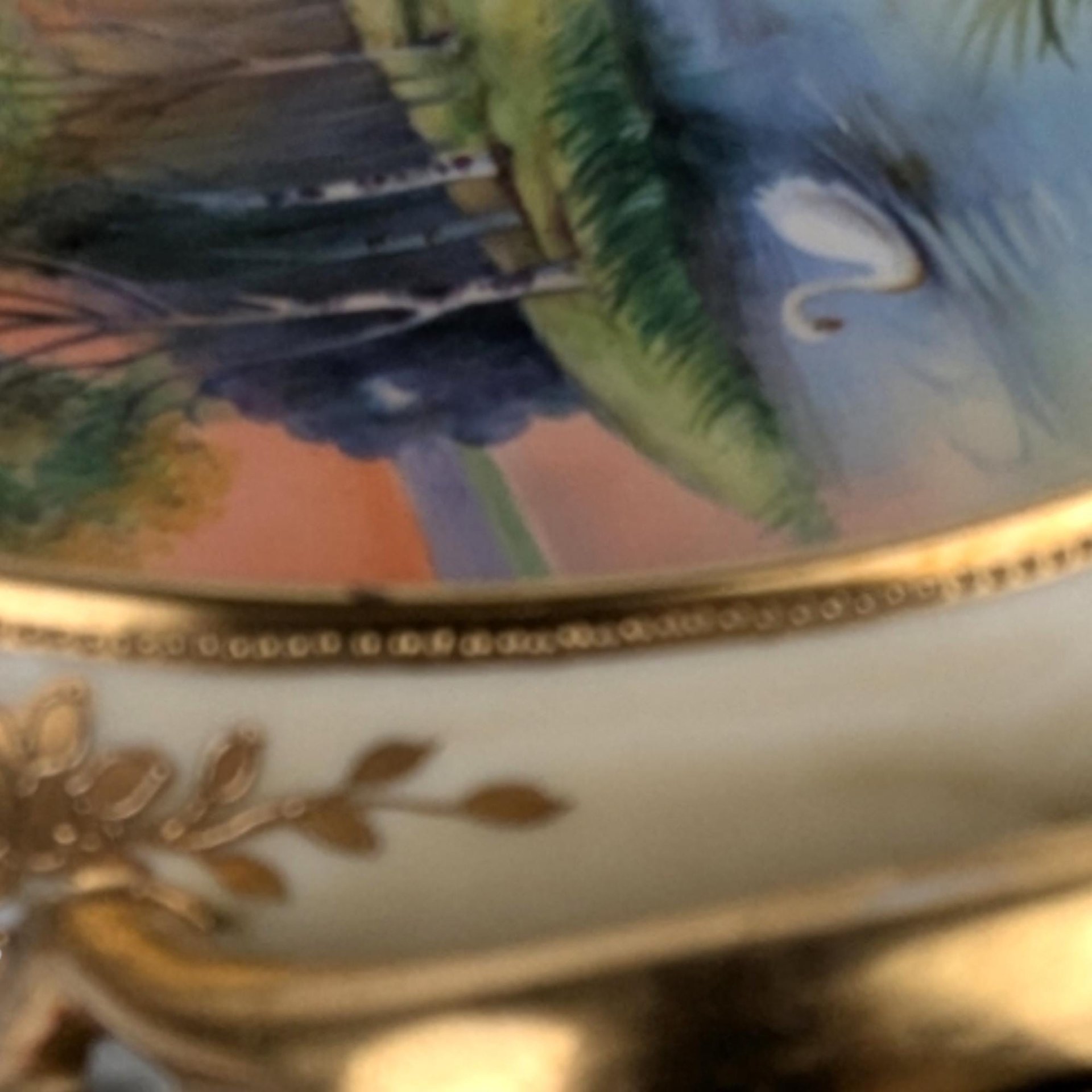 Antique Noritake Nippon Handpainted Bowl, Handled Serving Bowl, Lake Scene with Swan, Gold Trim, Japan