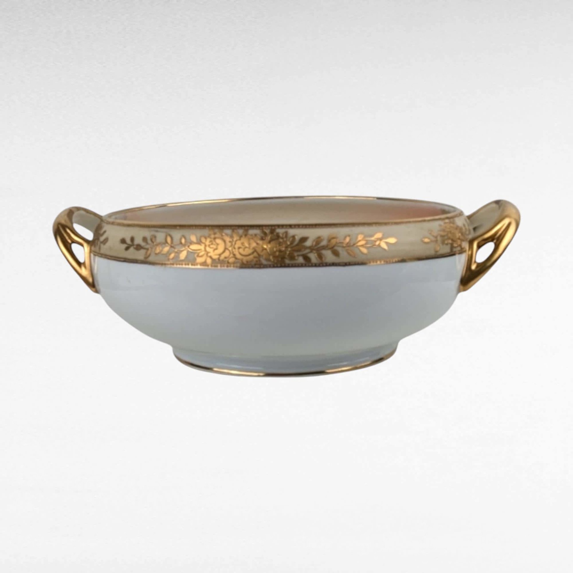 Antique Noritake Nippon Handpainted Bowl, Handled Serving Bowl, Lake Scene with Swan, Gold Trim, Japan