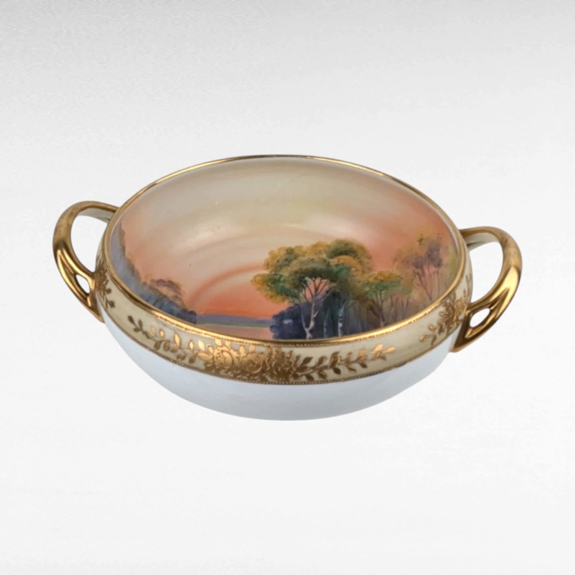 Antique Noritake Nippon Handpainted Bowl, Handled Serving Bowl, Lake Scene with Swan, Gold Trim, Japan