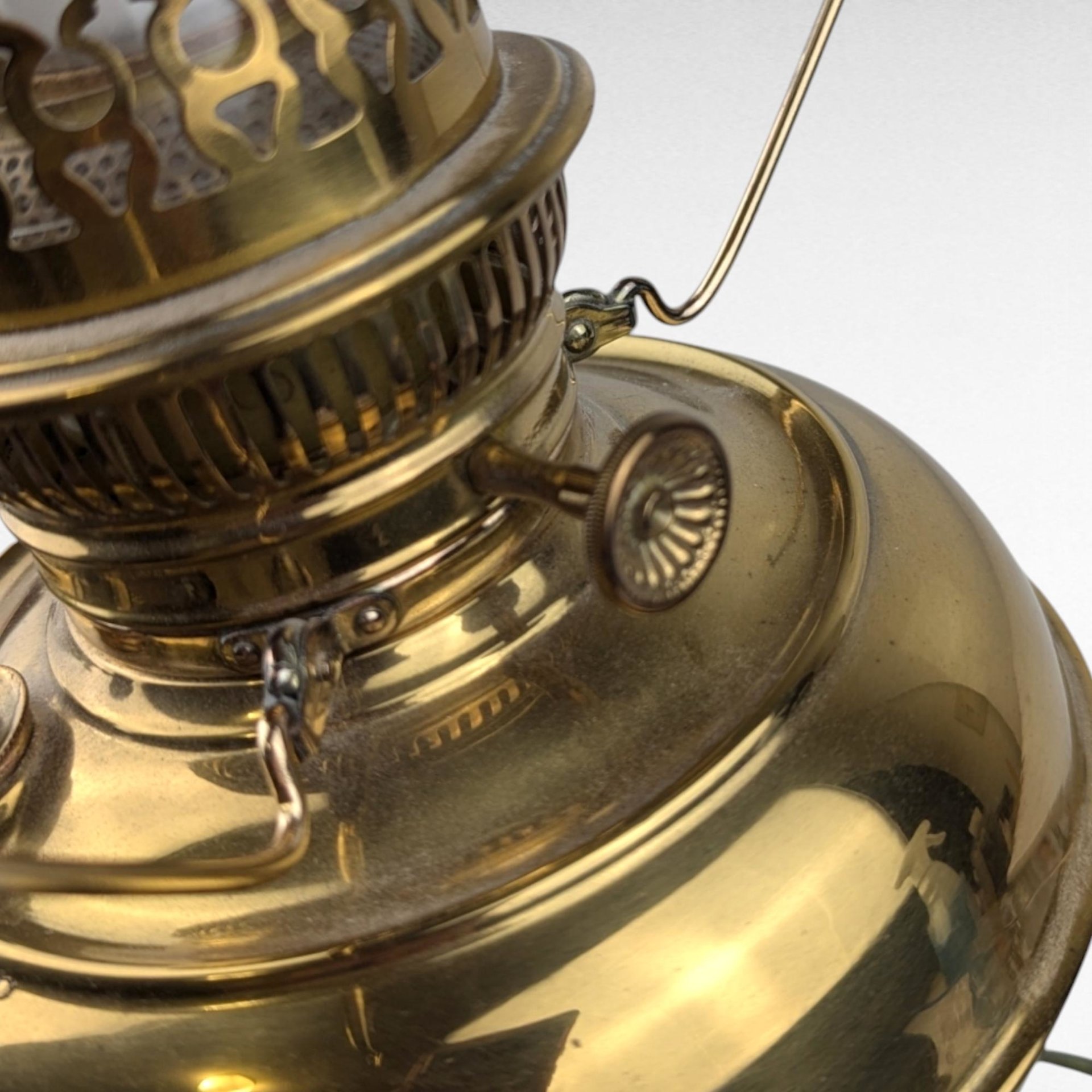 Antique Brass Hurricane Lamp, 21" Electric Lamp, Converted Oil Lamp, Vintage Home Decor, Victorian Lighting, Floral Shade