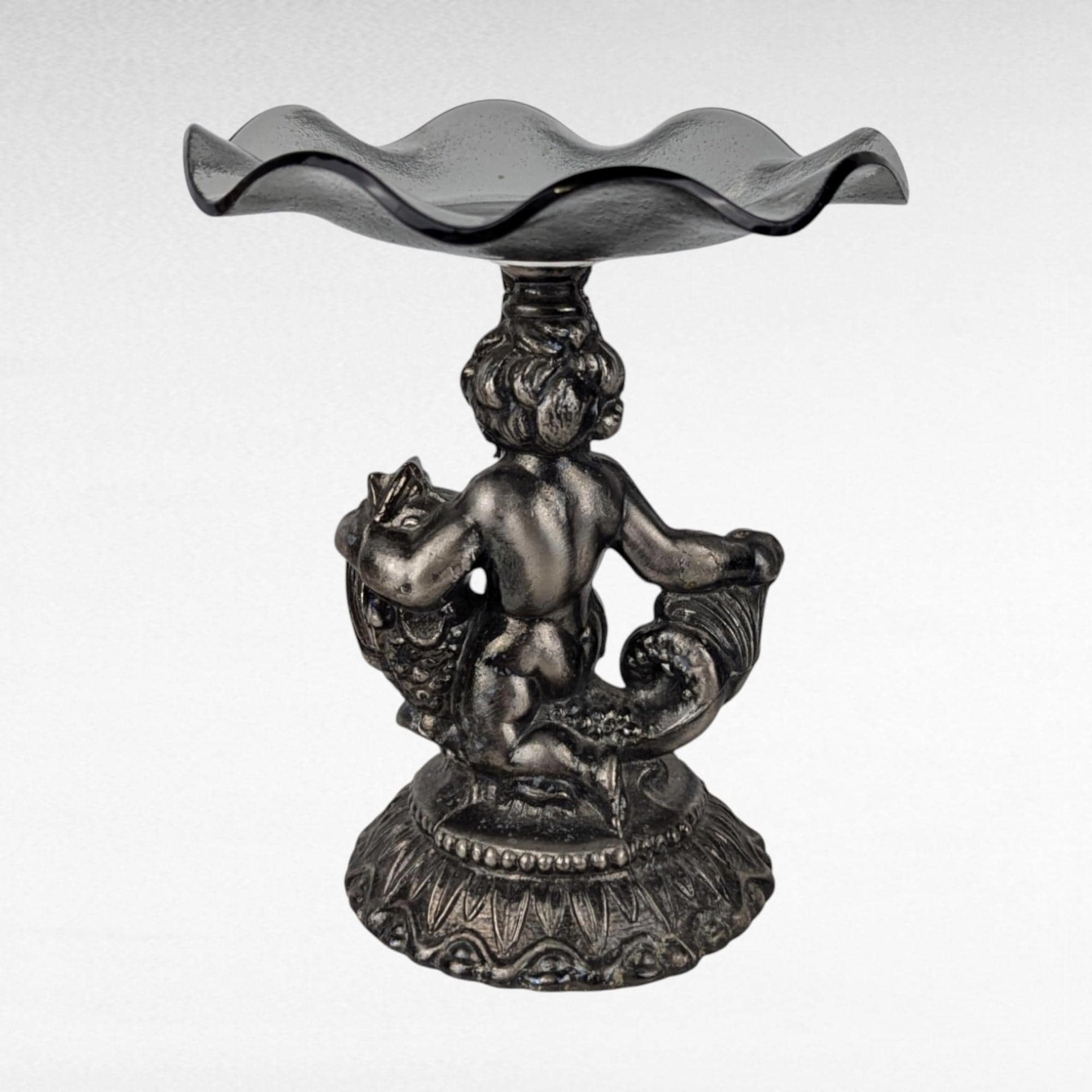 Vintage Cast Pewter Pedestal Dish, Cherub and Koi Fish, Glass Candy Dish, Trinket Dish, Unique Home Decor