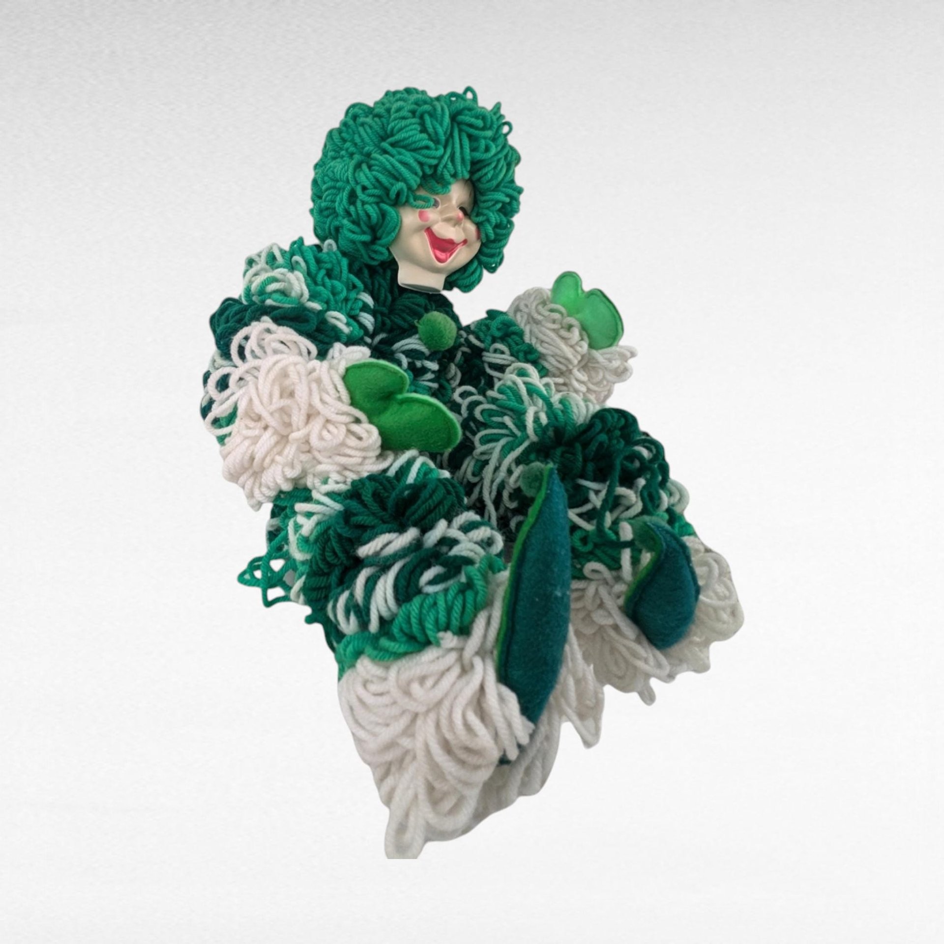 Vintage Handmade Yarn Clown, Green and White Clown Doll, Whimsical Decor, Collectible Clown, Unique Gift