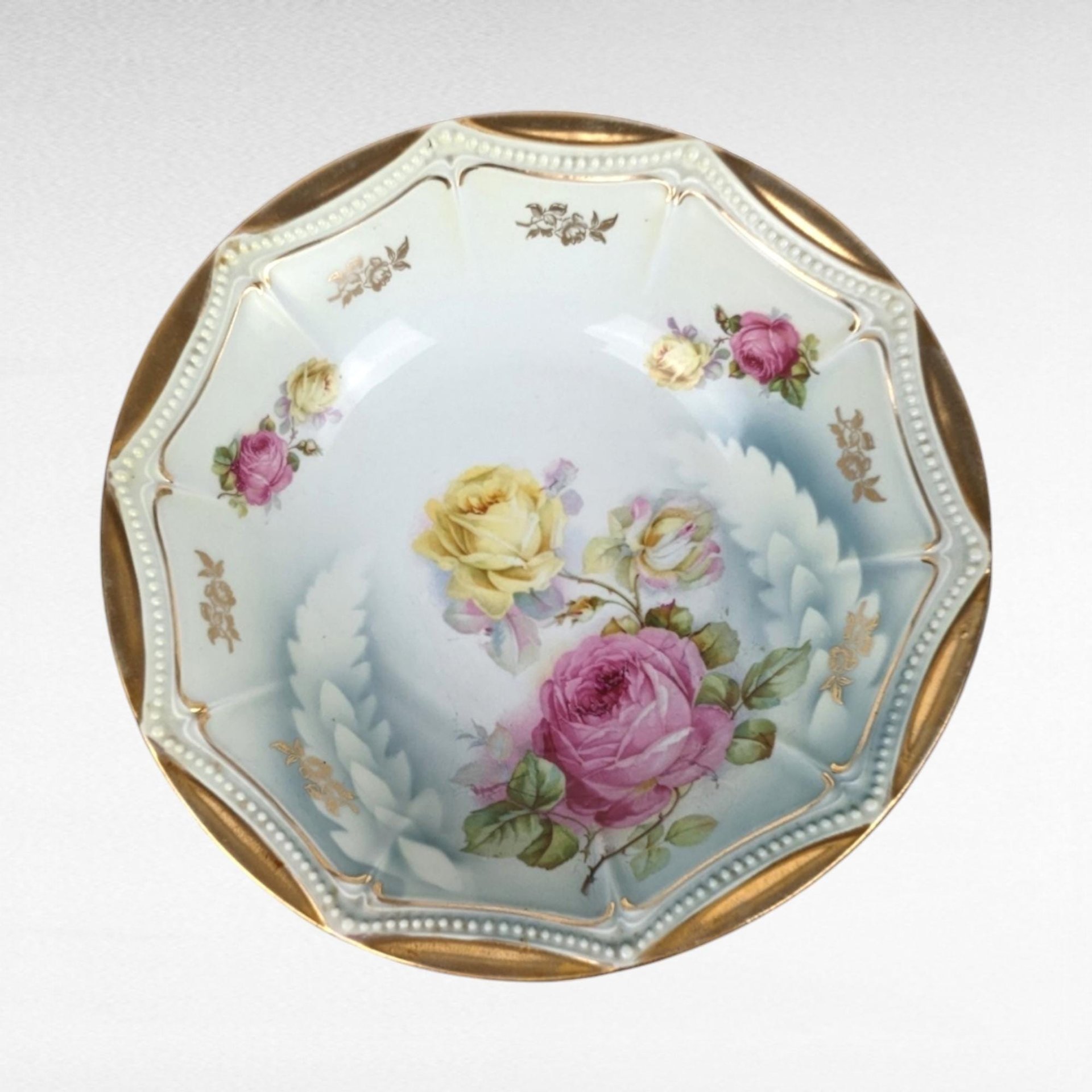 P.K. Silesia Porcelain Bowl | Floral Decor | Gold Trim | Serving Bowl | 9 3/4 Inch Wide