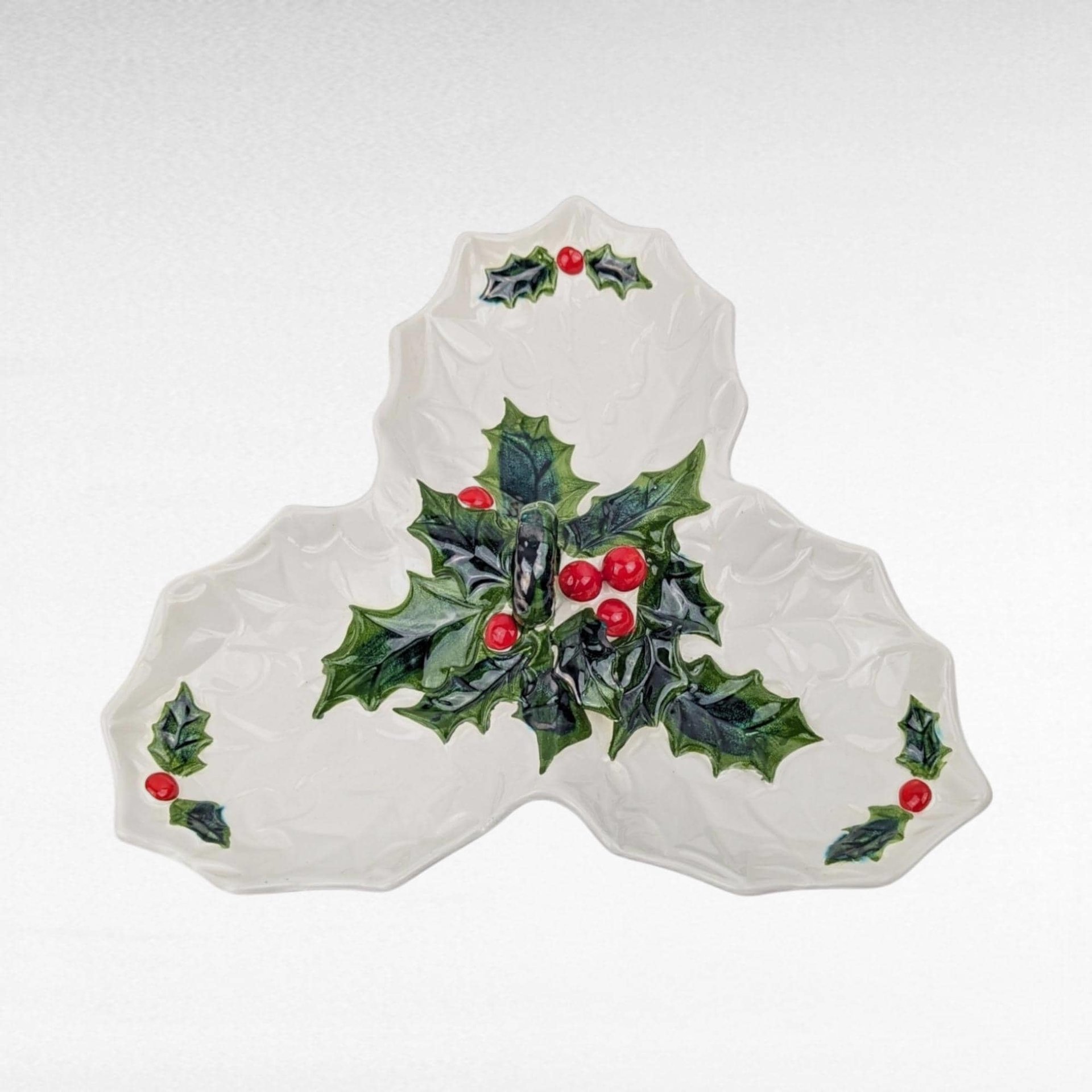 Vintage Lefton Holly Berry Relish Dish | 3-Part Serving Dish | Christmas Tableware | 1970s Ceramic