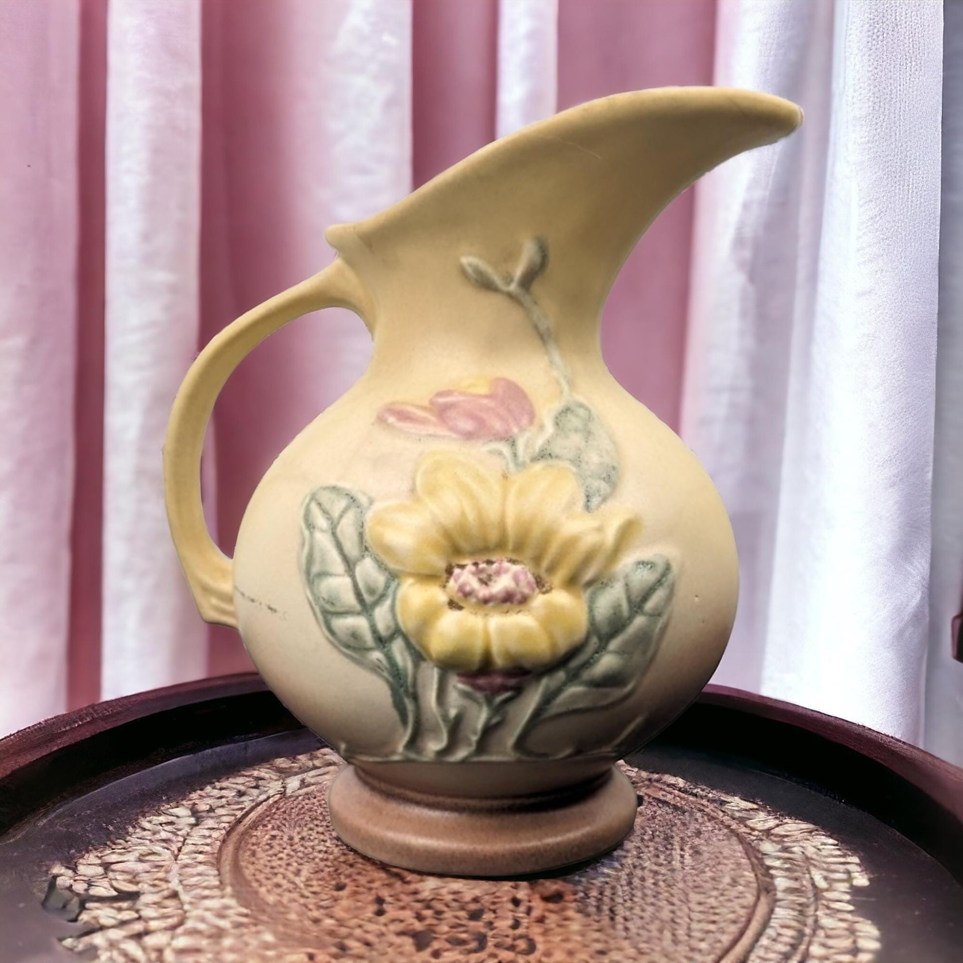 Vintage Hull Pottery Magnolia Pitcher | Art Deco Vase | Floral Ceramic Pitcher |  Collectible Pottery | 7.5 Inches