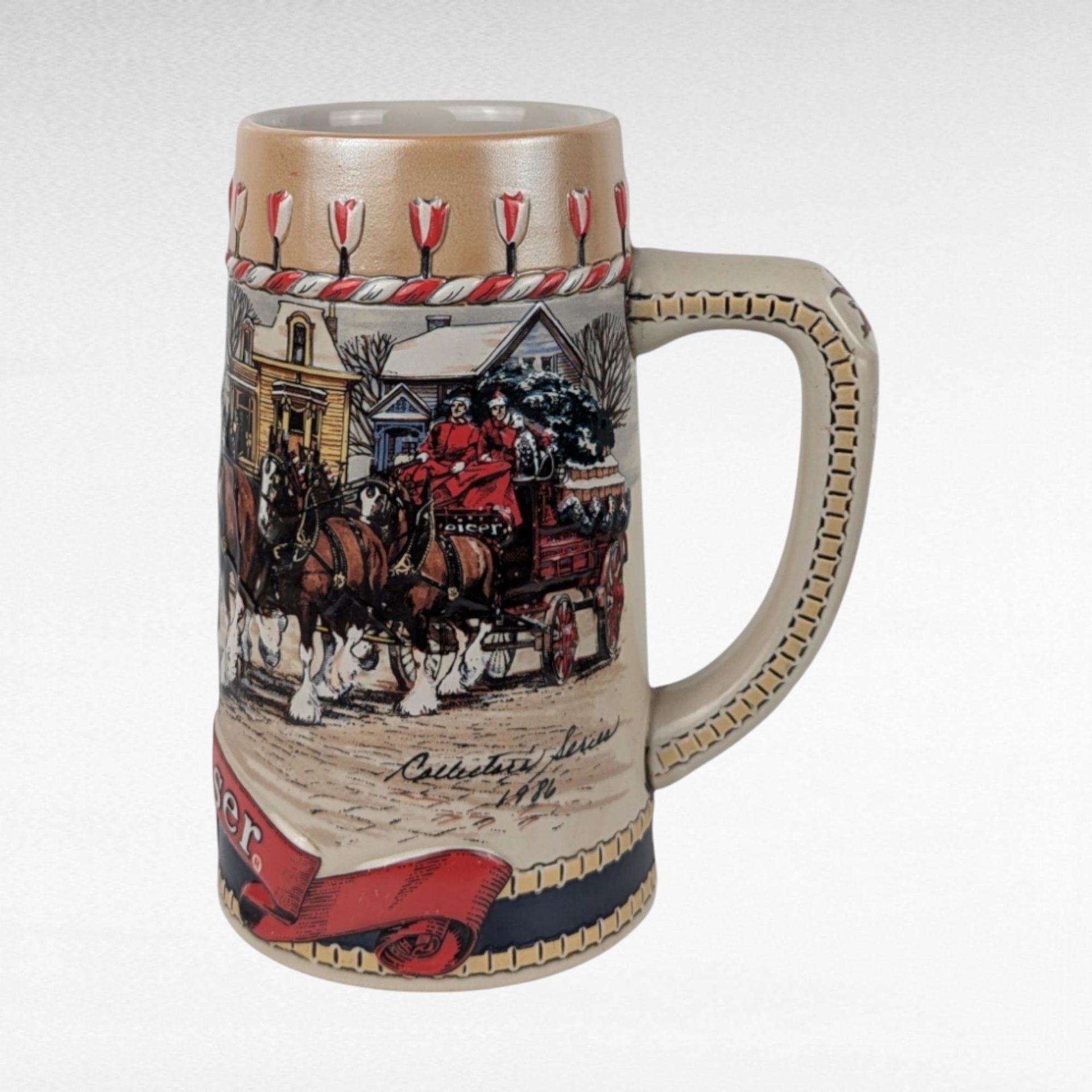 1986 Budweiser Holiday Stein | Clydesdale Horses | Christmas Town Scene | Vintage Beer Stein | Anheuser Busch Collectible