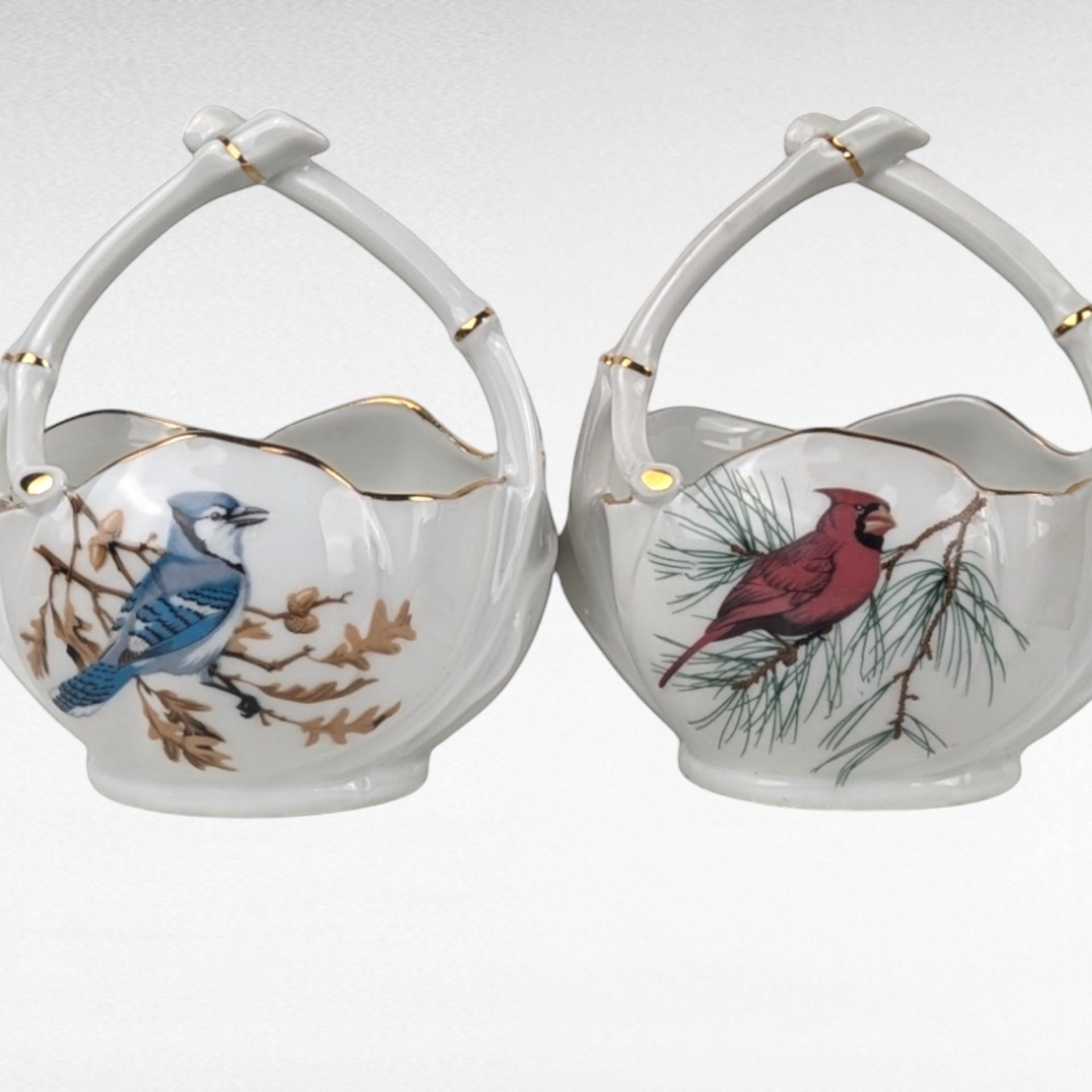 Vintage Limoges Porcelain Trinket Baskets | Pair of Bird Baskets | Cardinal and Blue Jay | French Porcelain | Gift for Bird Lovers