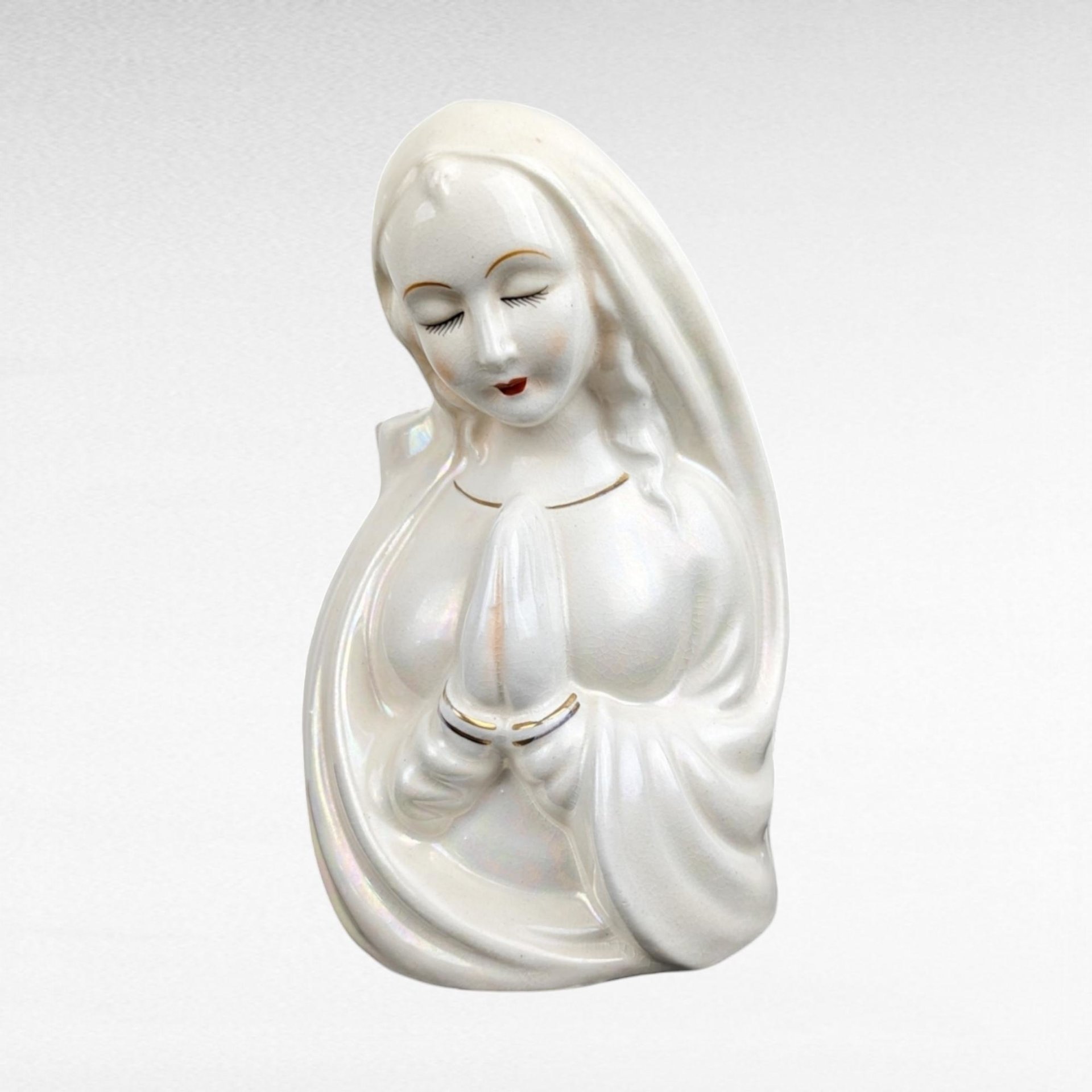 Vintage Iridescent Madonna Head Vase | Ceramic Virgin Mary Planter | Religious Decor | Mid-Century Modern
