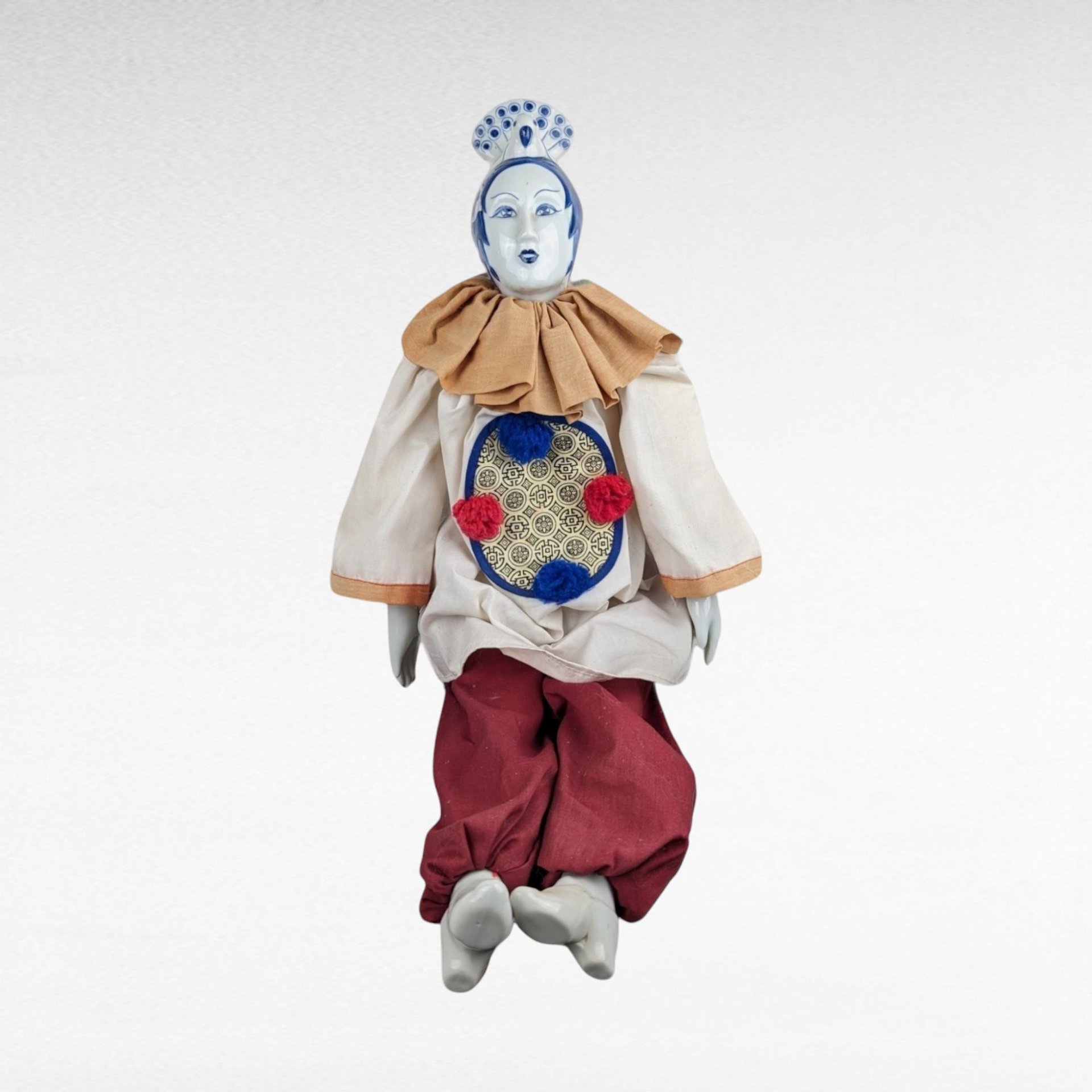 Vintage Porcelain Chinese Opera Doll | Blue and White Asian Doll with Stand | Collectible Doll | 24 Inches
