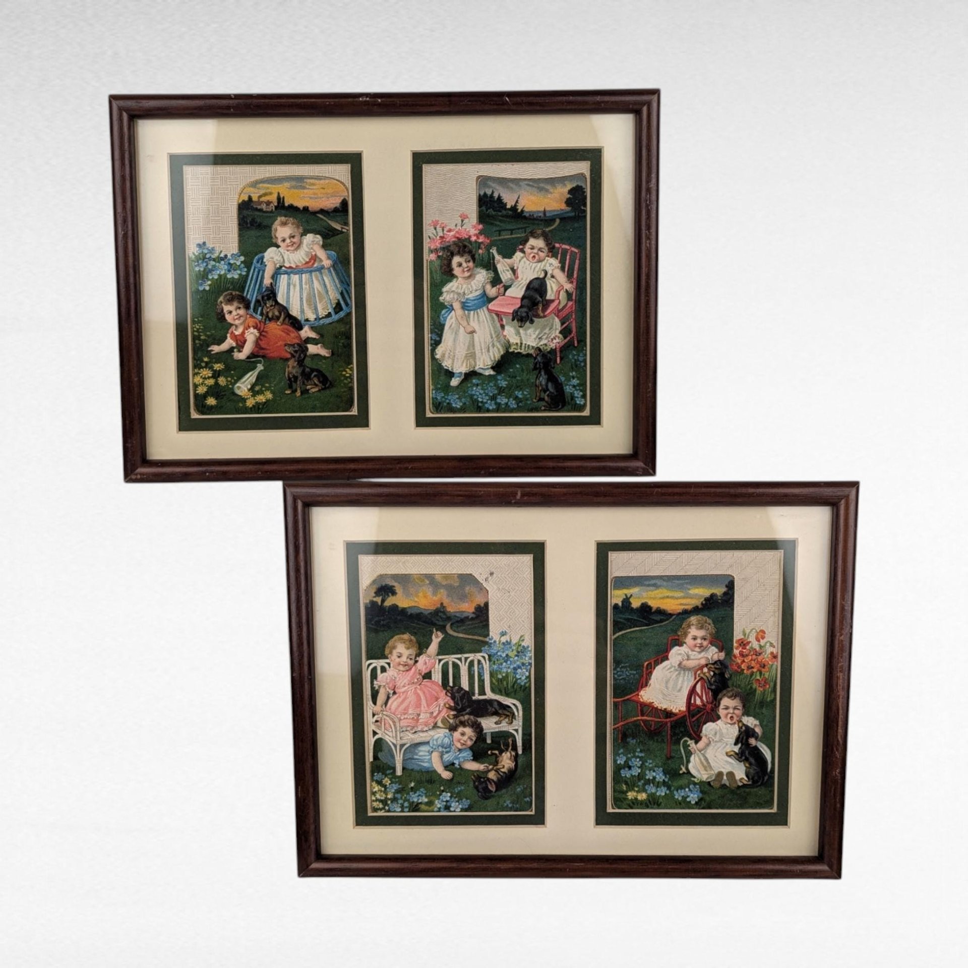 Pair of Vintage Framed Sasparilla Advertising Cards | Children & Dogs | Wall Decor | 10.5" x 8" | Set of 2