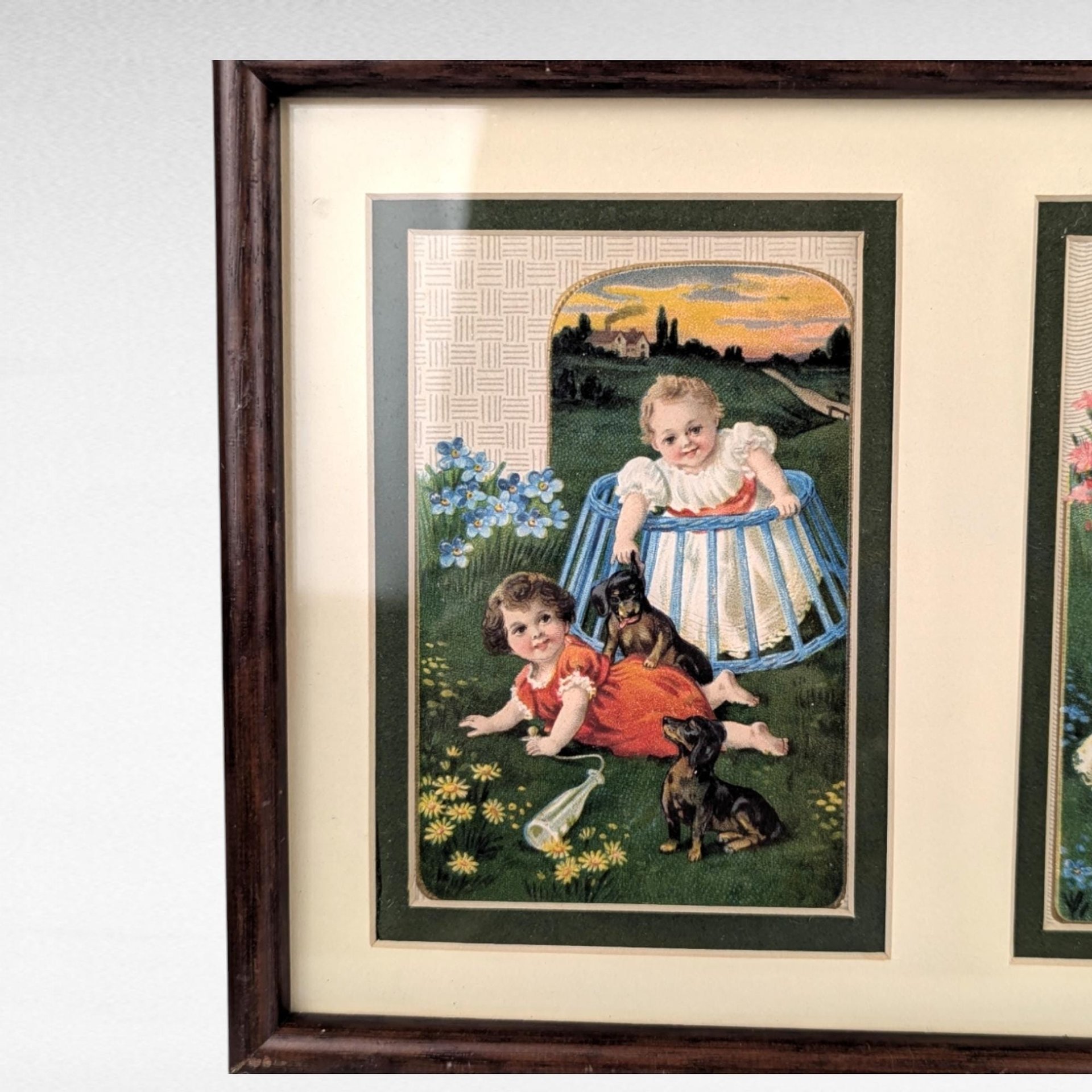 Pair of Vintage Framed Sasparilla Advertising Cards | Children & Dogs | Wall Decor | 10.5" x 8" | Set of 2