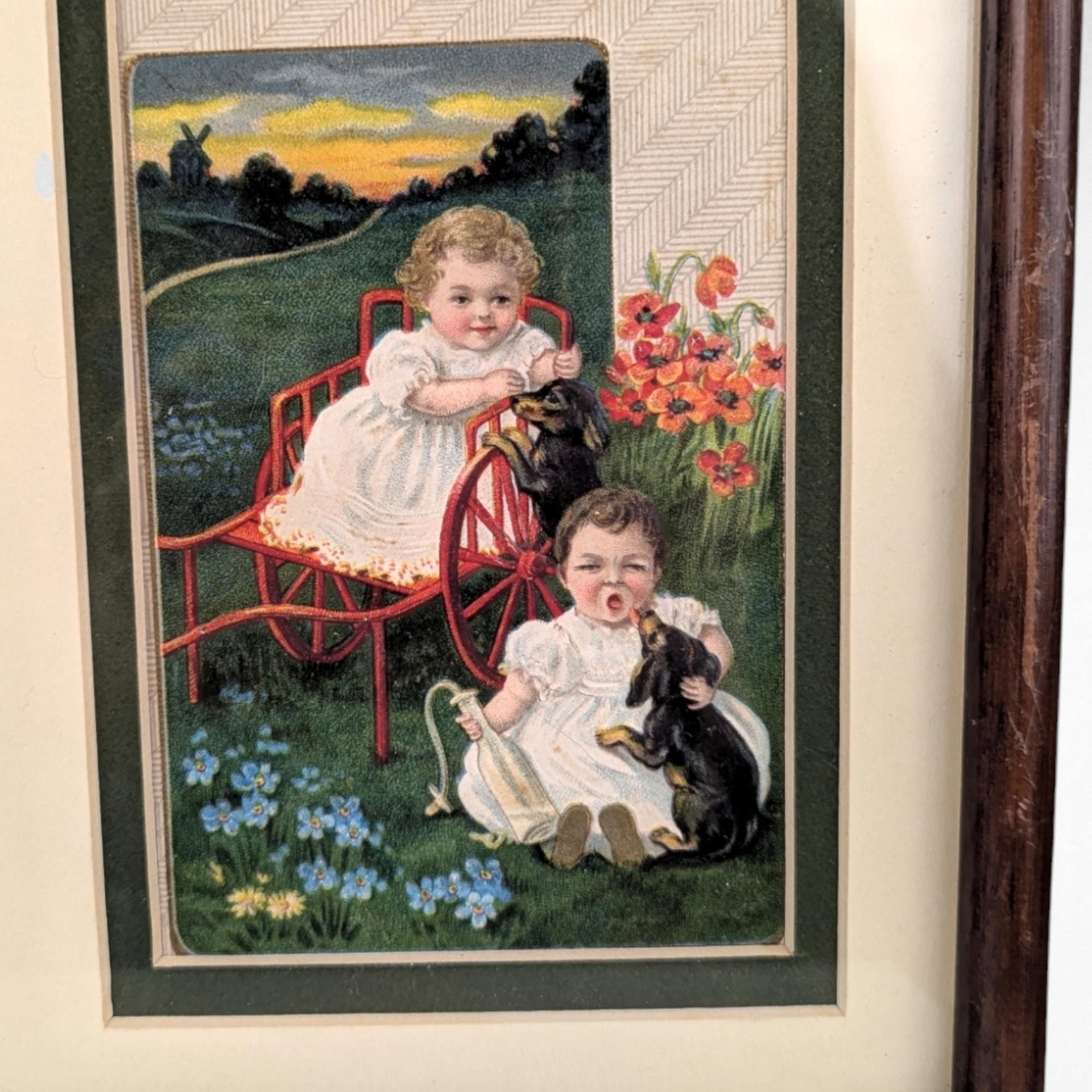 Pair of Vintage Framed Sasparilla Advertising Cards | Children & Dogs | Wall Decor | 10.5" x 8" | Set of 2