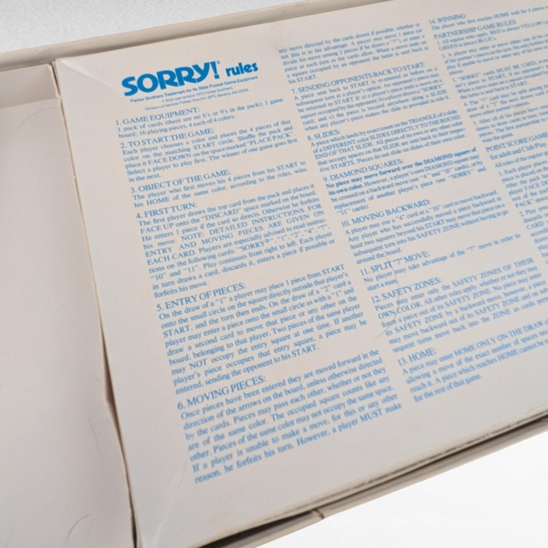 Vintage 1972 Sorry! Board Game | Missing 1 Blue Pawn | Parker Brothers | Slide Pursuit Game | Family Game Night | Retro Game