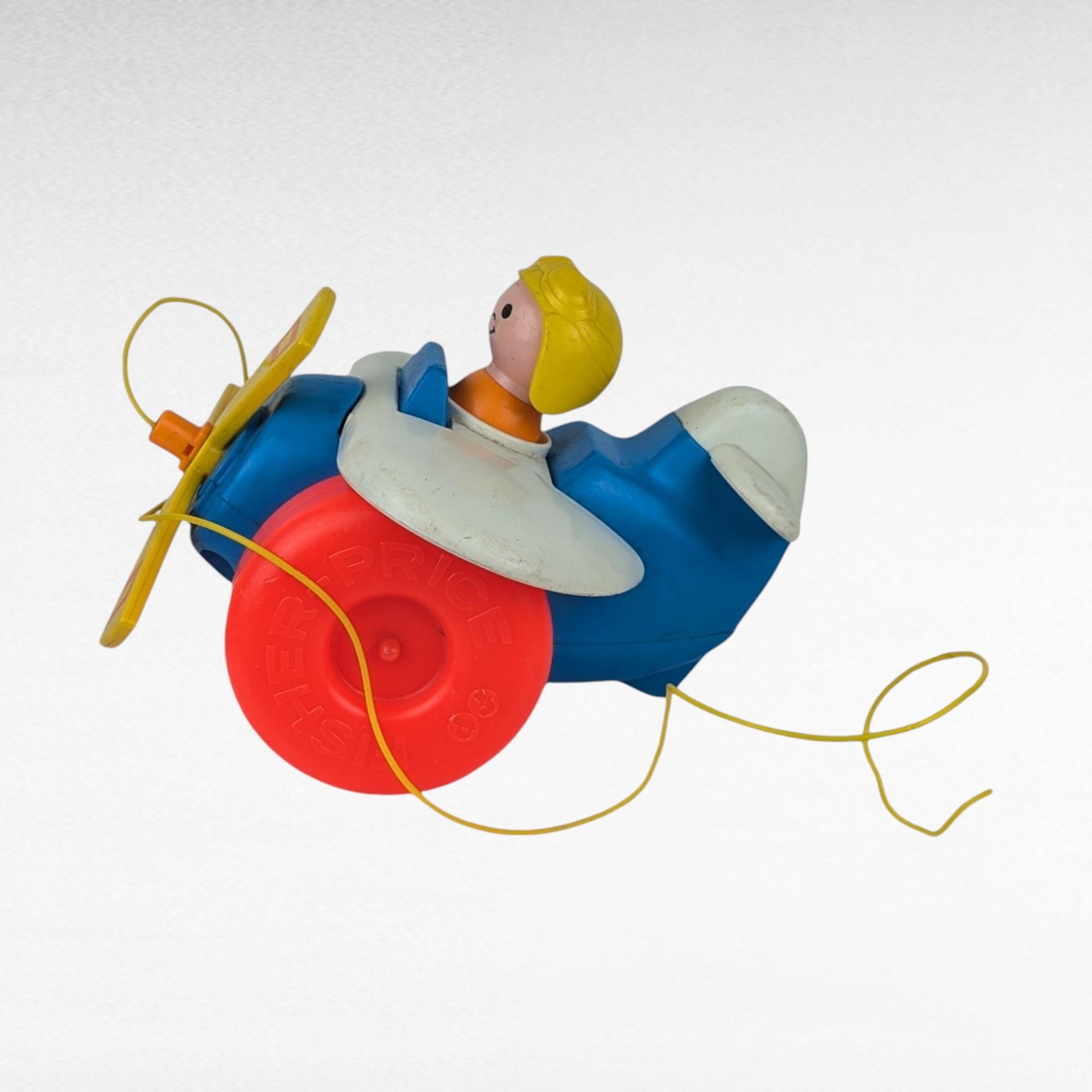 Vintage 1980s Fisher Price Pull Toy Airplane with Pilot - Blue and Yellow Plane - 8" Long - Toddler Gift - Retro Toy