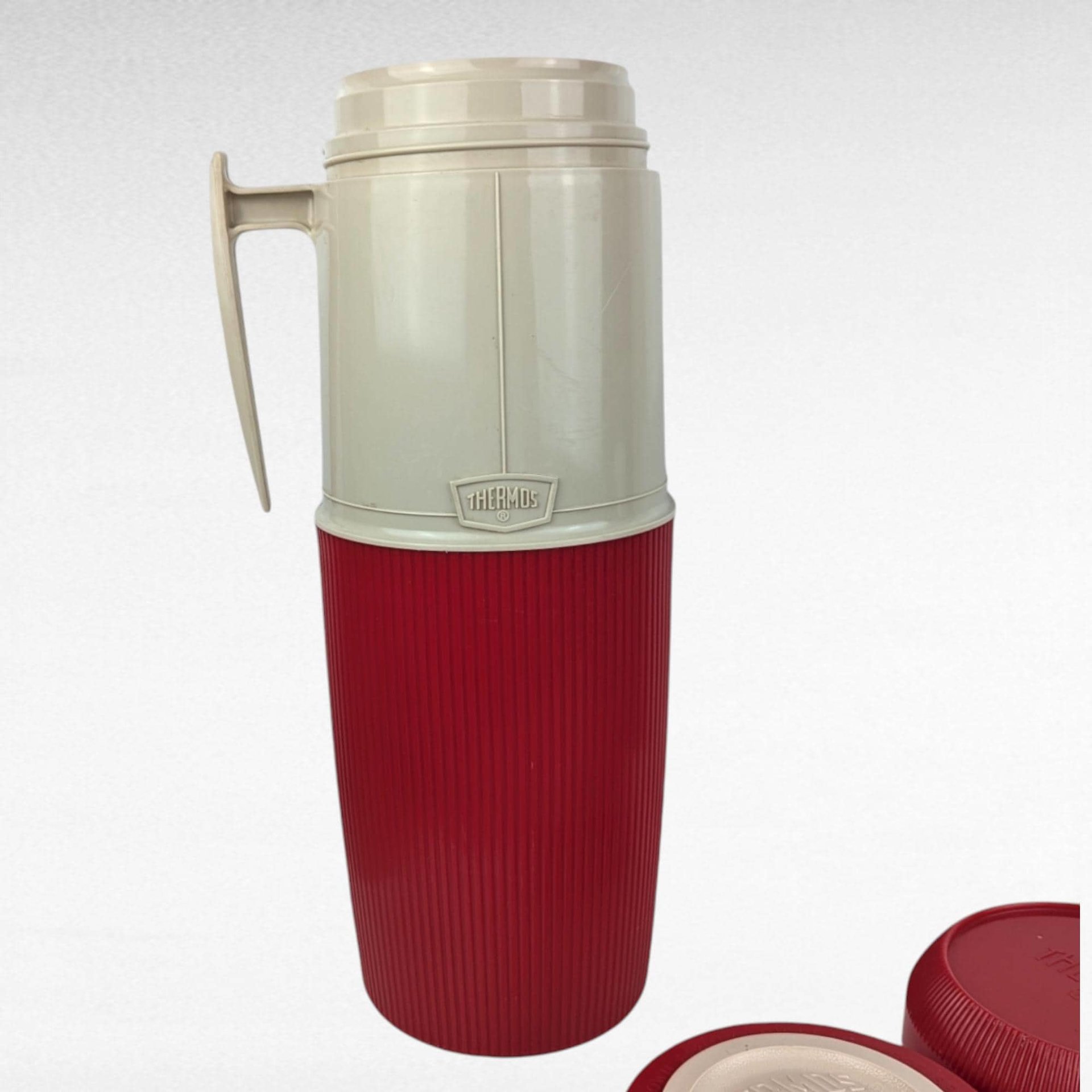 Vintage Red Thermos with Handle - Retro Kitchenware - Picnic Thermos - Insulated Beverage Container