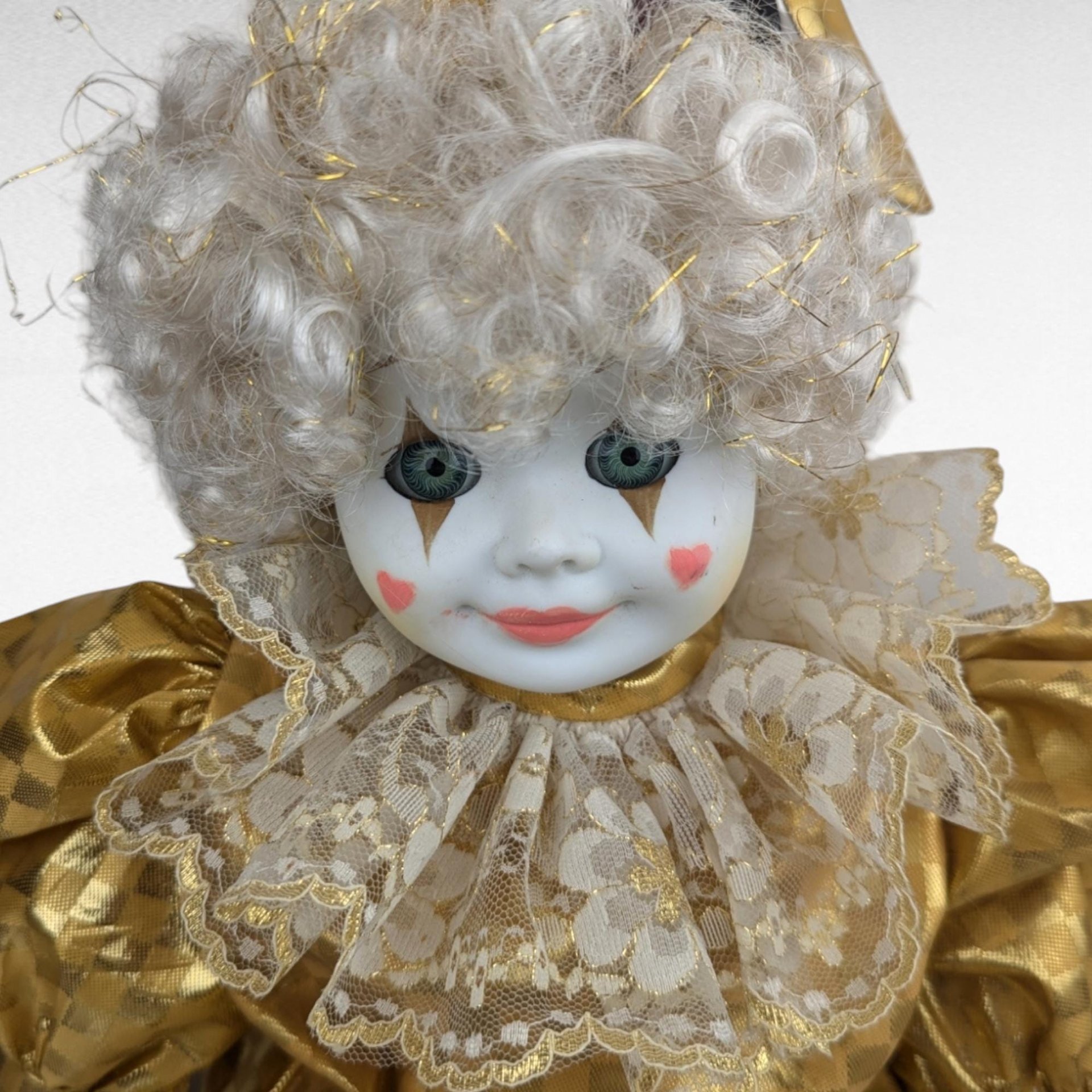 1990 Goebel 29 Inch Betty Jane Carter Gold Dust Musical Clown Doll | Porcelain | Plays "Swinging on a Star" | Vintage Collectible