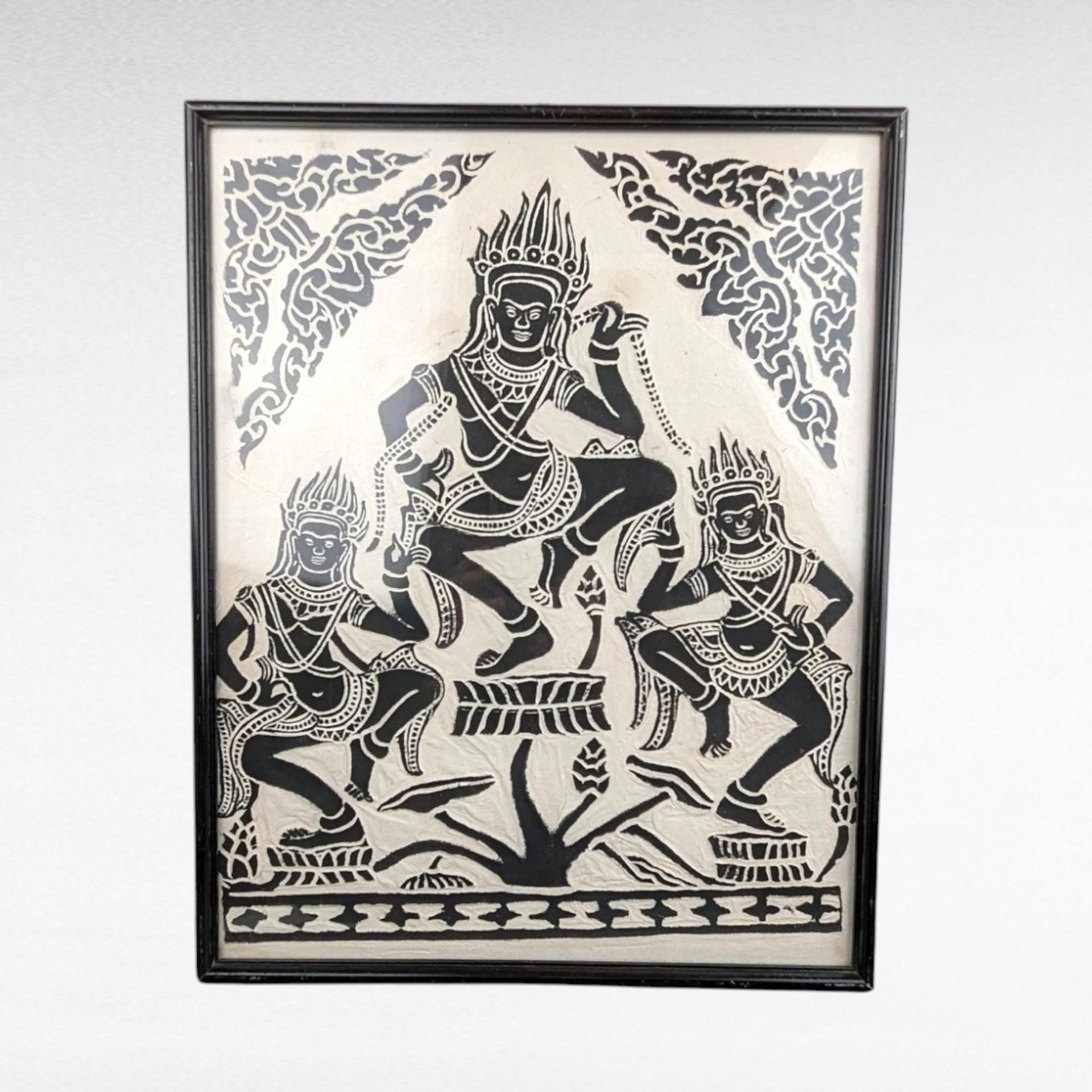 Vintage Framed Thai Goddess Rice Paper Art, Asian Wall Decor, Black and White Art, Thai Dancer Art, Buddhist Art, Spiritual Decor