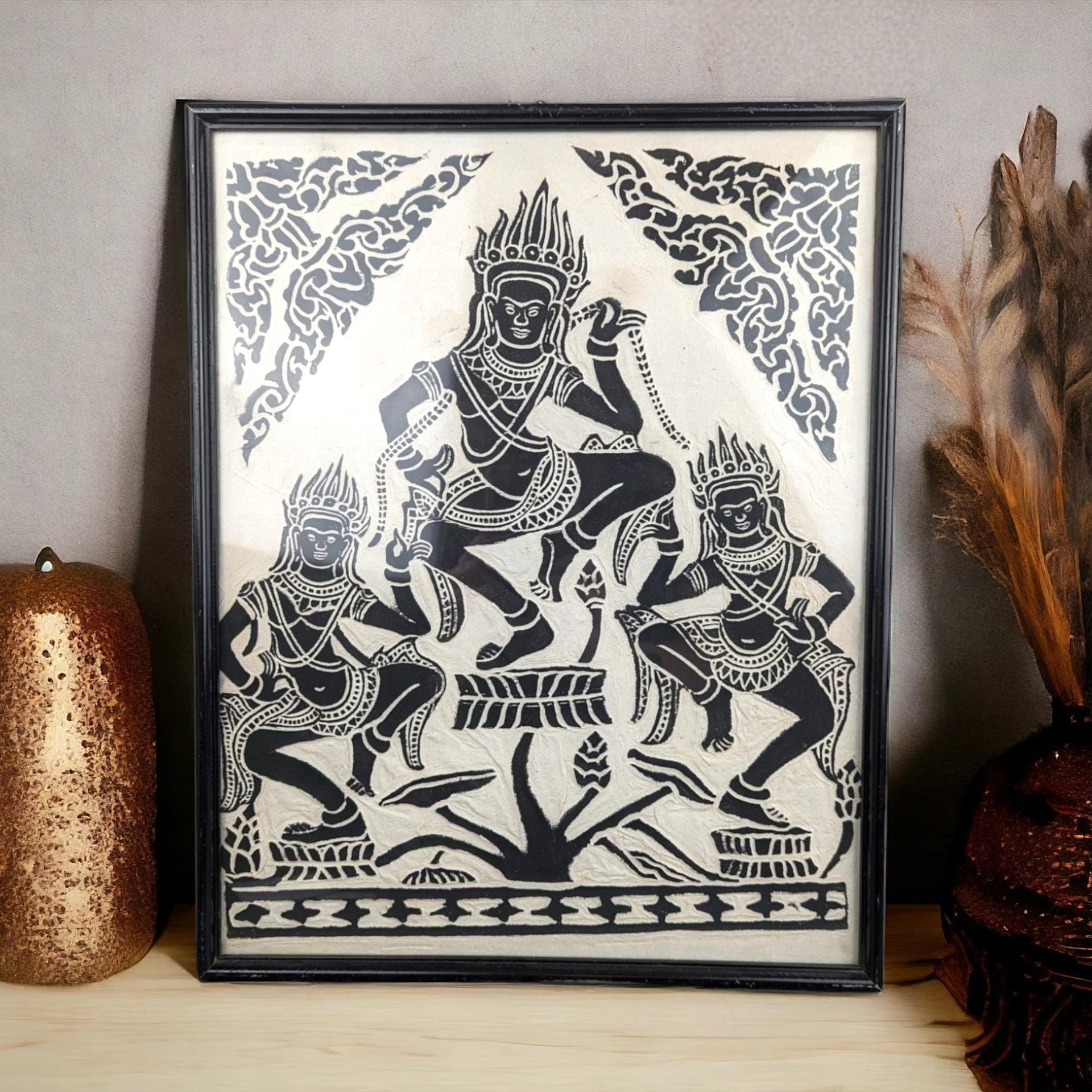 Vintage Framed Thai Goddess Rice Paper Art, Asian Wall Decor, Black and White Art, Thai Dancer Art, Buddhist Art, Spiritual Decor
