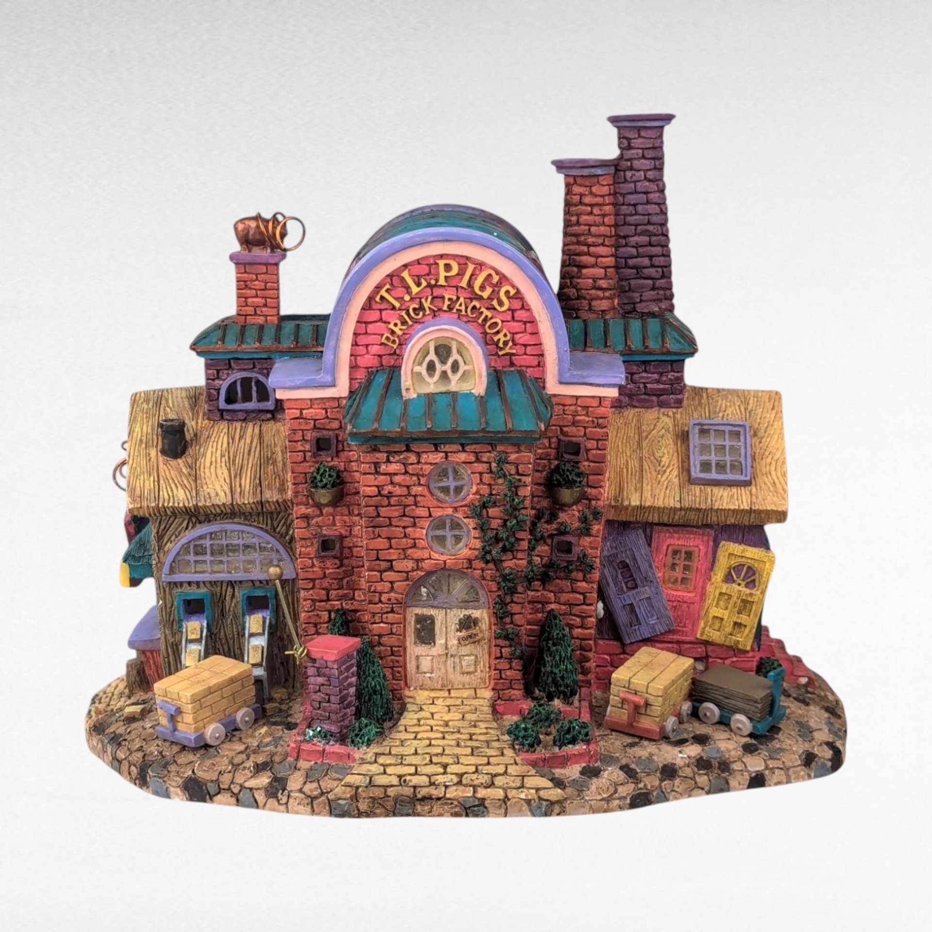 Vintage 1998 Department 56 T.L. Pigs Brick Factory - Christmas Village Accessory - Lit Building - Three Little Pigs