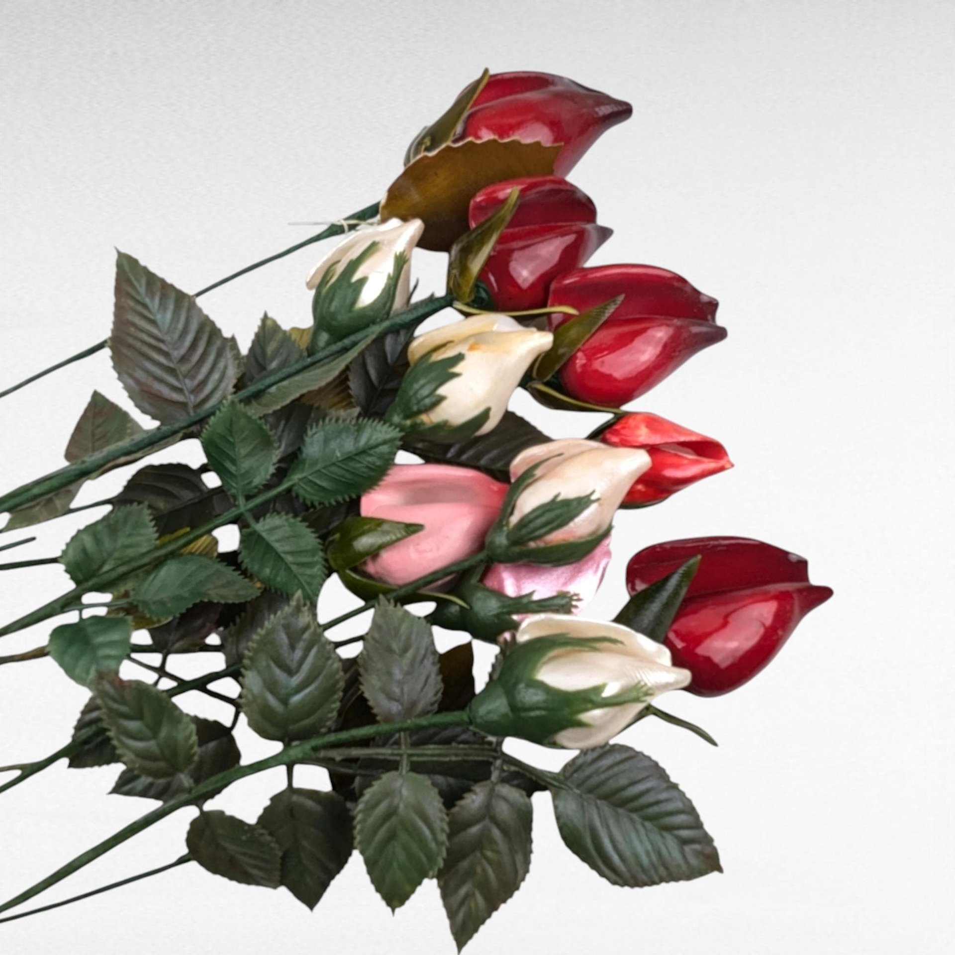 Vintage Artificial Rose Bunch - Mid Century Modern - Glossy Red Pink White Roses - Faux Floral Decor - Home Decor