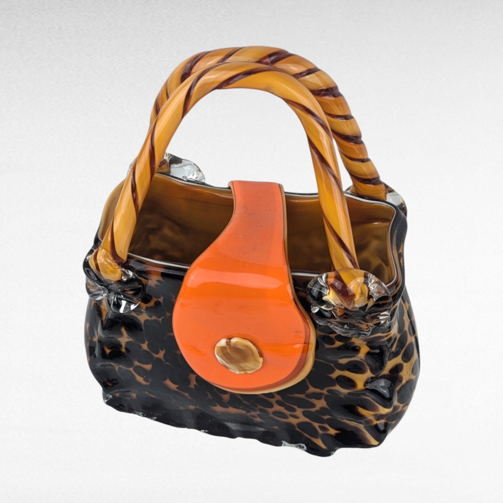 Vintage Art Glass Purse with Orange Strap | Handblown Glass Sculpture | Unique Home Decor | Collectible Glass
